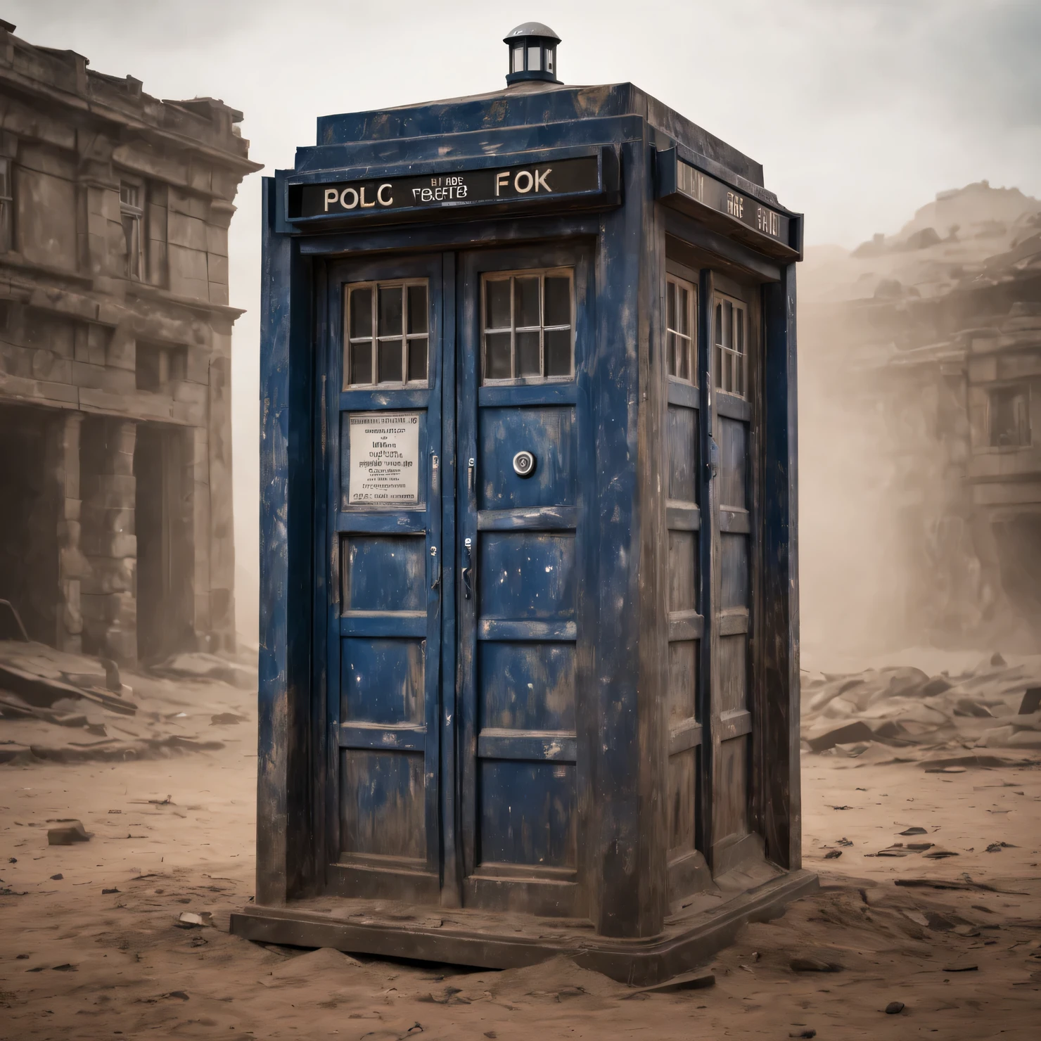 The old forgotten TARDIS from Doctor Who, worn and battered by time, covered in dust, cinematic frame, high detail, a high resolution, 8K, granularity