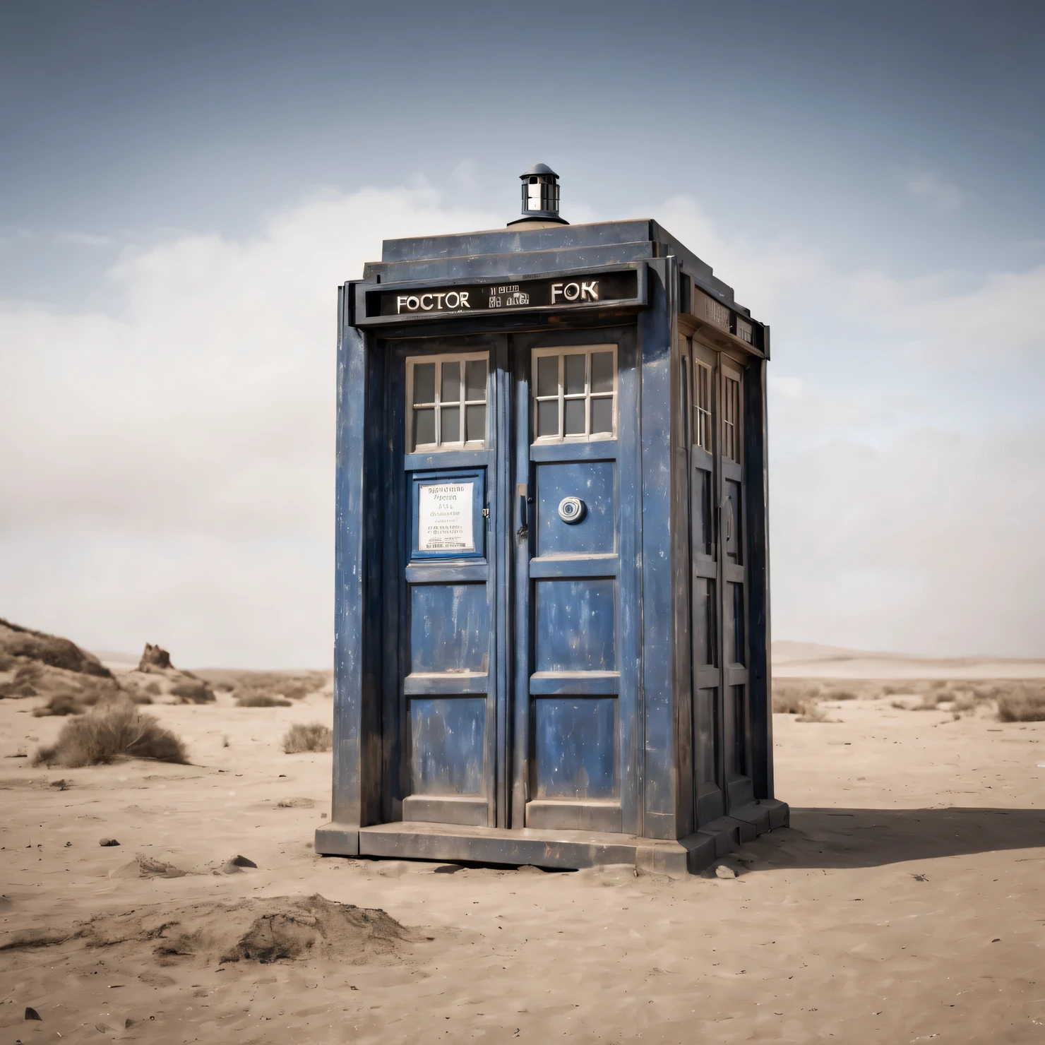 The old forgotten TARDIS from Doctor Who, worn and battered by time, covered in dust, cinematic frame, high detail, a high resolution, 8K, granularity