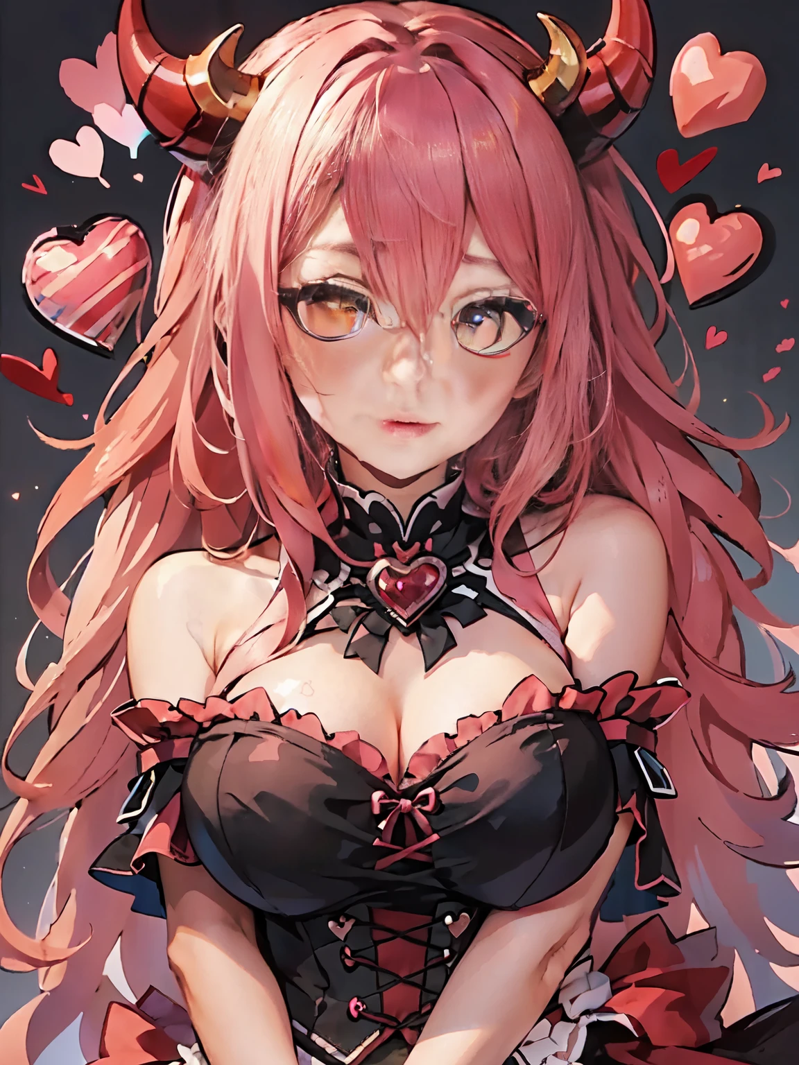Masterpiece, animerealistic, Top quality, Ultra high definition, Maximum resolution, Very detailed, Professional lighting, kabedon pov, looking at viewer, smug, glowing eyes, One girl, she’s a female oni, yellow eyes, beautiful eyes, wearing mascara, Blush, she has fangs, valentines crush, hearts around, devilish girl, she has light red hair, pastel pink gothic demoness, pink and red outfit, Very cute, heart tail , long hair, Heart hairclip, a pink red corset top, gothic, accentuated huge breasts, sweat, xoxo hearts, valentines setting, love letter in the background, love in the air, princess heart-shaped pupils, lollipop, candy