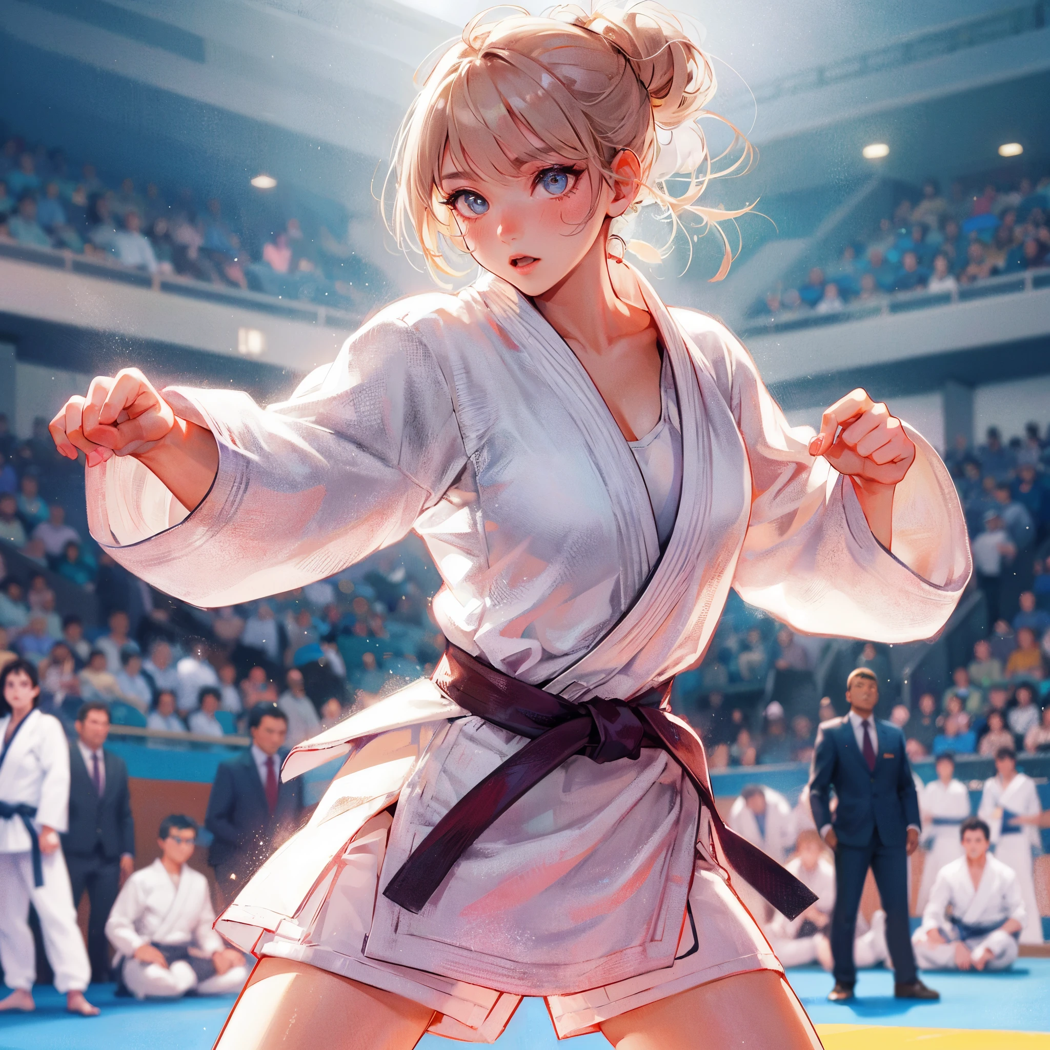 high quality,HD,16k,sharp lines,1 girl,Female Judo Athletes ,cute face, medium breasts, beautiful feet,At the judo venue,focus girl,detailed beautiful face,fine clothes,beautiful eyes,nice,dynamic angle