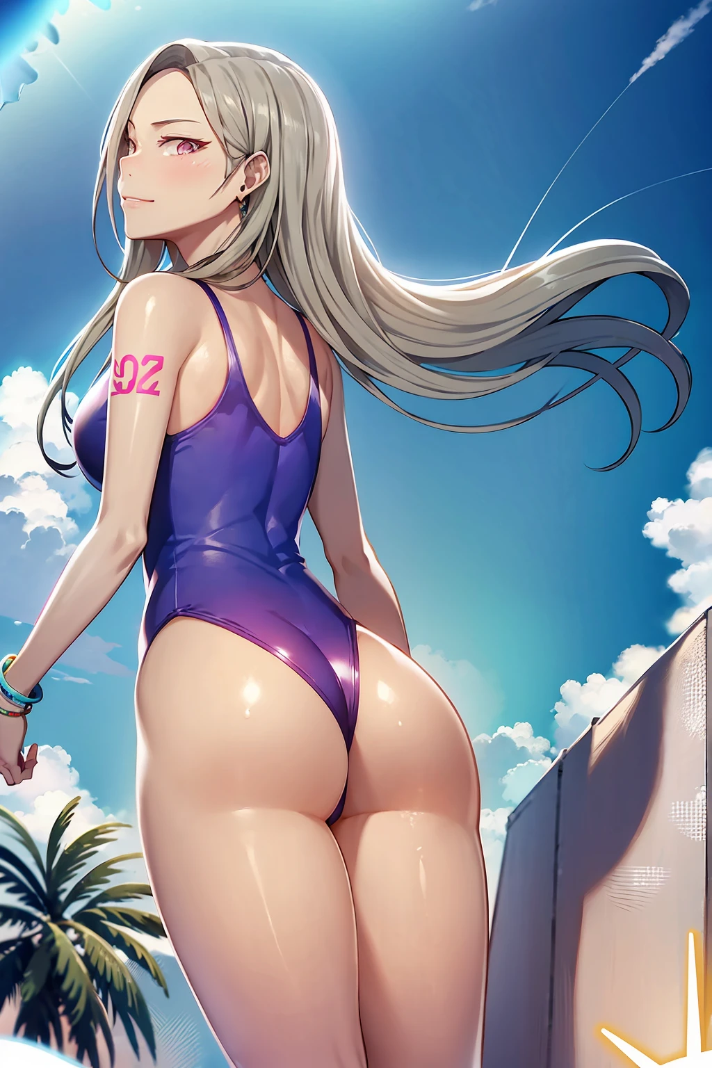 headphones, tattoo, sky, ass, day, blue sky, cloud, 1girl, long hair, bracelet, jewelry, one-piece swimsuit, cloudy sky, looking back, bangle, solo, headset, pink footwear, outdoors, from below, from behind, smile, thighs, boots, artist name, looking at viewer, star \(symbol\),