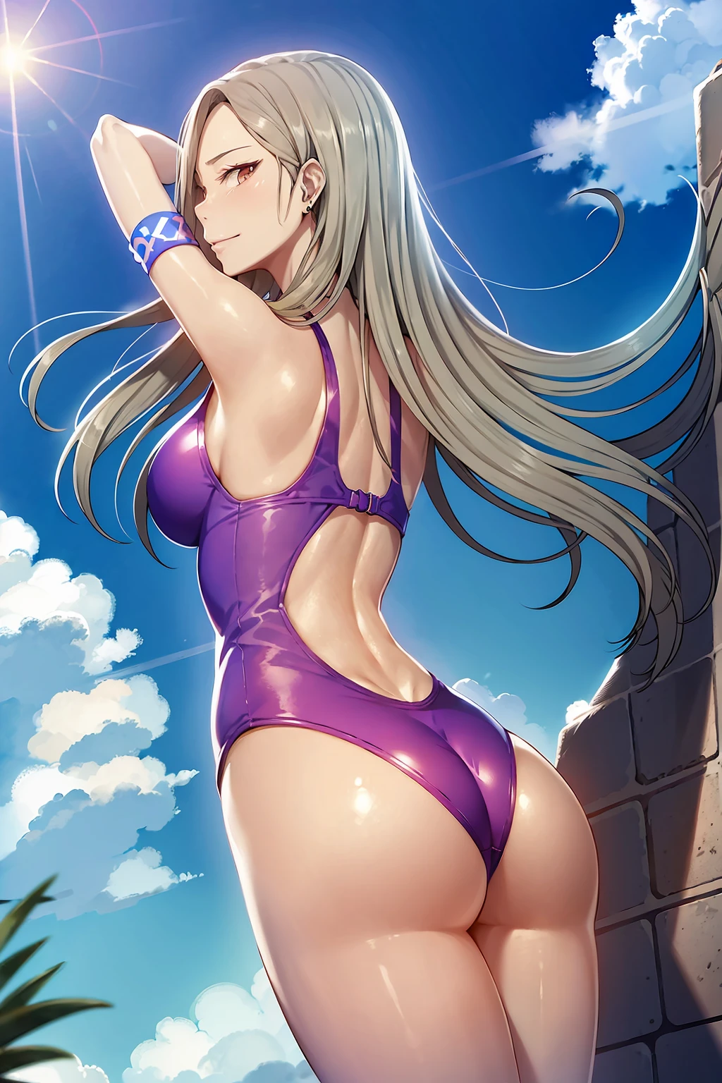 headphones, tattoo, sky, ass, day, blue sky, cloud, 1girl, long hair, bracelet, jewelry, one-piece swimsuit, cloudy sky, looking back, bangle, solo, headset, pink footwear, outdoors, from below, from behind, smile, thighs, boots, artist name, looking at viewer, star \(symbol\),