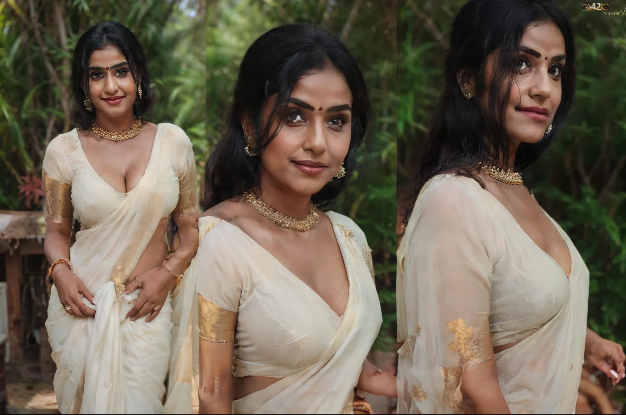 photography photo of a dark skinned South Indian woman, (saree:1.2), ramp walking on an outdoor stage by a lake, full body, rim lighting, eye level, (uhd:1.2), day scene , (low cut blouse:1.2), (deep cleavage:1.3),(34c bust:1.2),editorial photo of a kerala woman, shot on CineStill , 32k, cinematic composition, professional color grading, film grain, atmosphere, wondrous, ((anatomically correct:1.4)), hyperrealistic, (looking at camera), smiling,