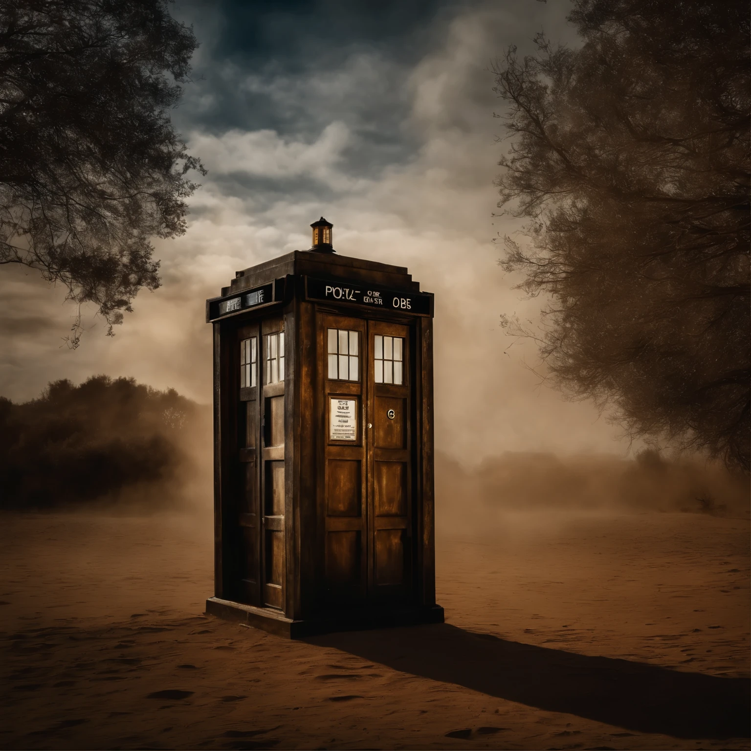 The old forgotten TARDIS from Doctor Who, worn and battered by time, covered in dust, cinematic frame, high detail, a high resolution, 8K, granularity