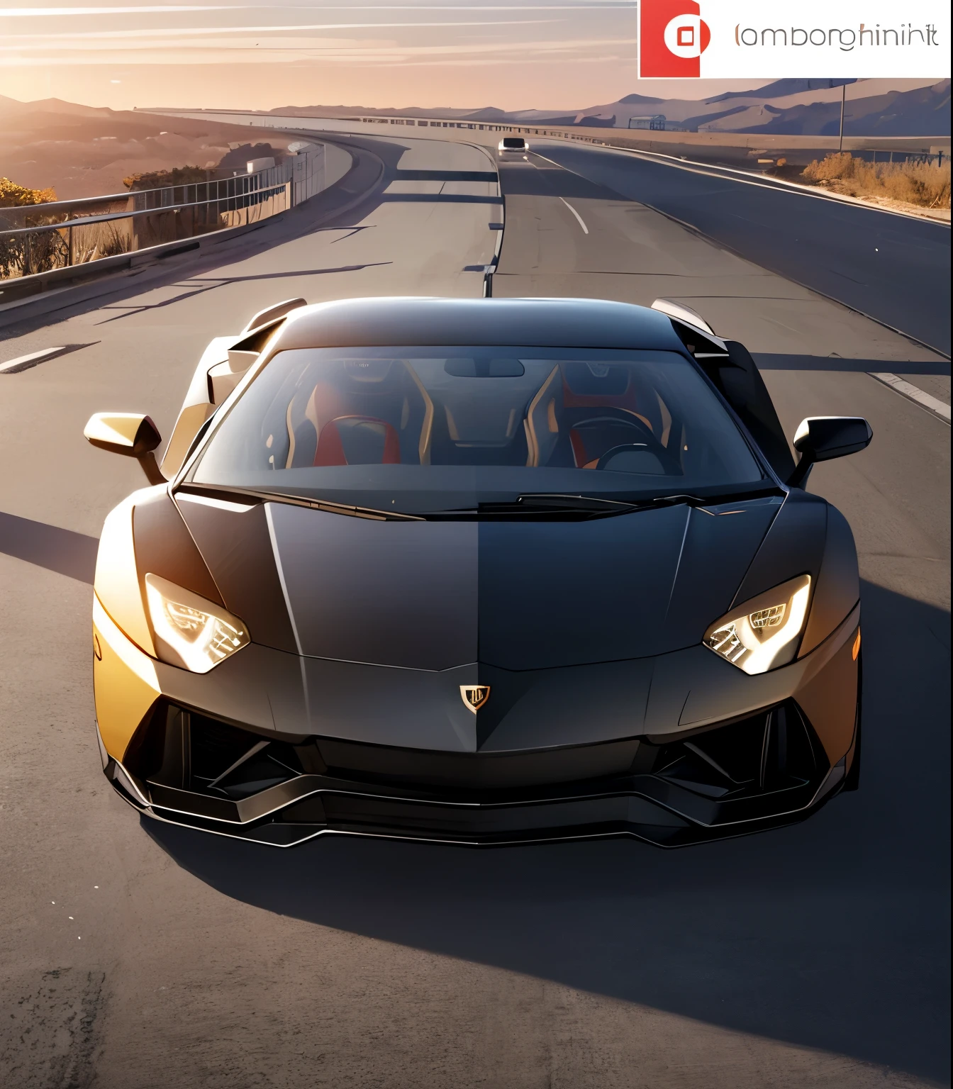 Make a lamborghini model aventador sv towards sunset while driving on a mountain road