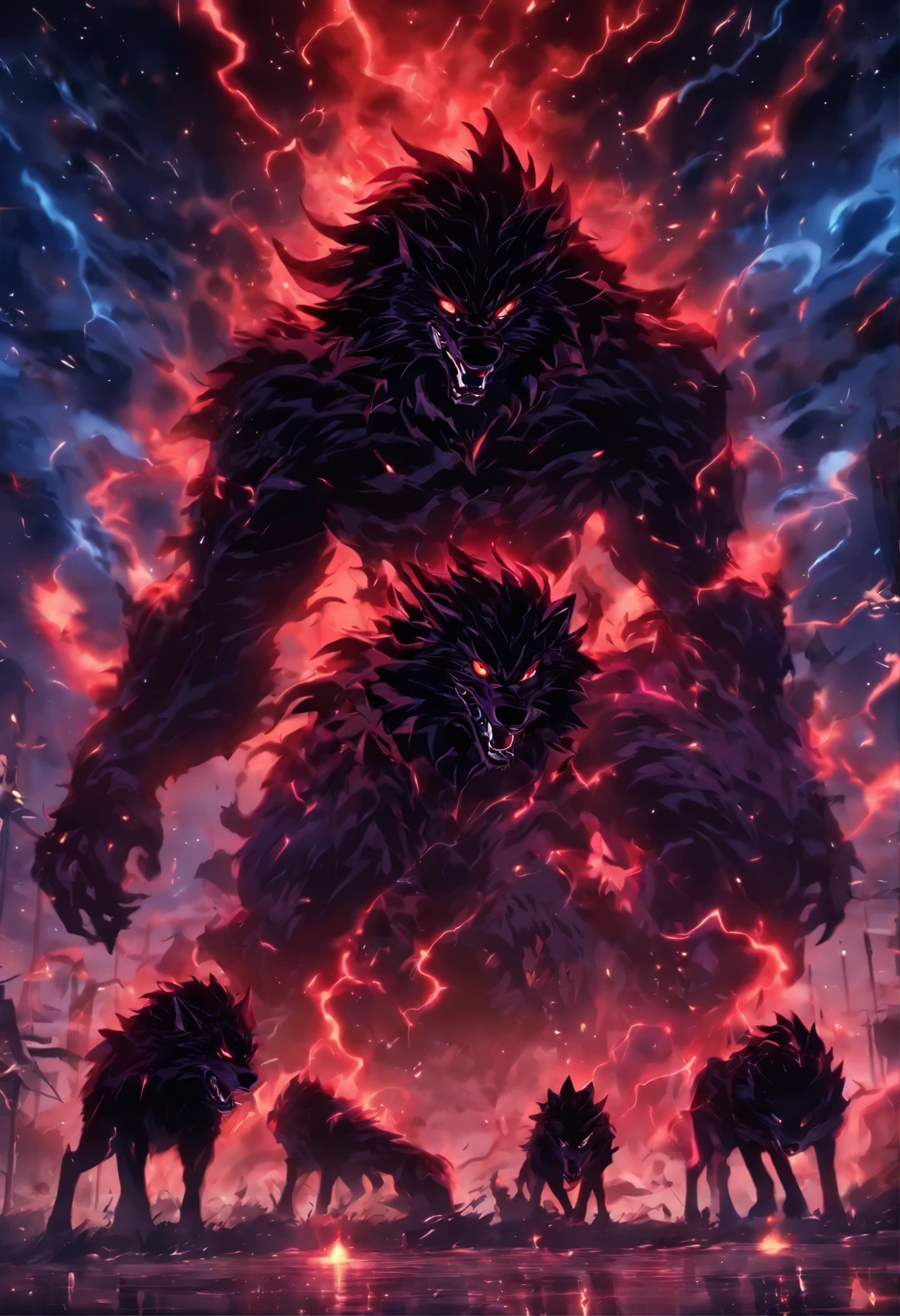 Strange monsters in a fantasy world，Three-Head Wolf，Strong limbs，Covered in Thunder，Blood，Covered with thick spikes，Moon Night，中景 the scene is，Full body like， highly detailed surreal vfx，oc rendered，Shot with 70 mm - AR 16:9 --q 2 --s 1000