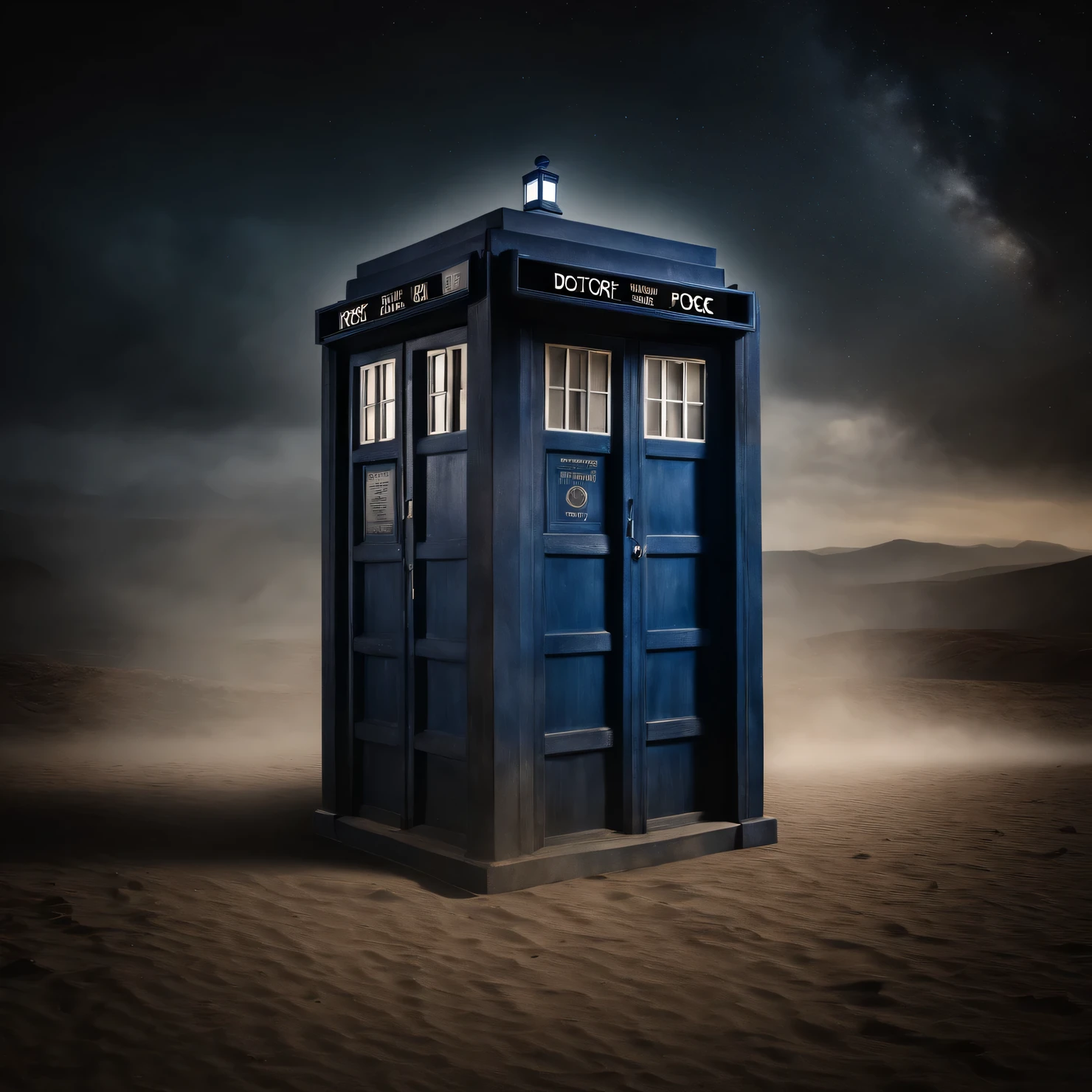 The old forgotten TARDIS from Doctor Who, worn and battered by time, covered in dust, cinematic frame, high detail, a high resolution, 8K, granularity