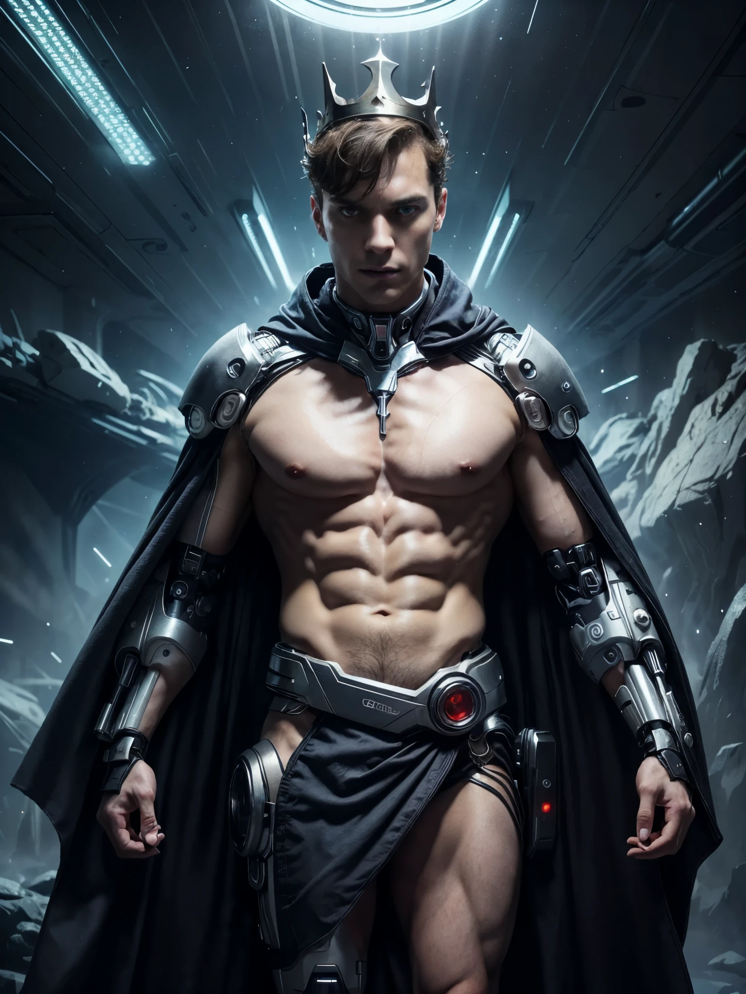 Photorealistic, ((best quality)), ((masterpiece)), (detailed), masculine portrait of young futuristic prince, (half cyborg:1.4), 18-year-old male models, handsome, tall, cute looking, evil look, dark look, powerful, young male, handsome model, clean shave, silver eyes. (short curly messy brown hair:1.2), messy curly hair, (short hair:1.7) super strong, muscular, fit, massive muscles, six pack, (shirtless:1.8), barechested, half-naked, topless, muscle, ripped, strong body, fit body, great chest, amazing arms, (evil masculine crown:1.4), (open futuristic long cape:1.4), (futuristic draped cloth skirt:1.4), futuristic garment, other planet landscape in the background, (Dark background:1.3) 8k, high detailed, ultra-detailed, Stylish Pose, real skin texture, dark cinematic lighting
Photorealistic, ((best quality)), ((masterpiece)), (detailed), masculine portrait of young futuristic prince, (half cyborg:1.4), 18-year-old male models, handsome, tall, cute looking, evil look, dark look, powerful, young male, handsome model, clean shave, silver eyes. (short curly messy brown hair:1.2), messy curly hair, (short hair:1.7) super strong, muscular, fit, massive muscles, six pack, (shirtless:1.8), barechested, half-naked, topless, muscle, ripped, strong body, fit body, great chest, amazing arms, (evil masculine crown:1.4), (open futuristic long cape:1.4), (futuristic draped cloth skirt:1.4), futuristic garment, other planet landscape in the background, (Dark background:1.3) 8k, high detailed, ultra-detailed, Stylish Pose, real skin texture, dark cinematic lighting