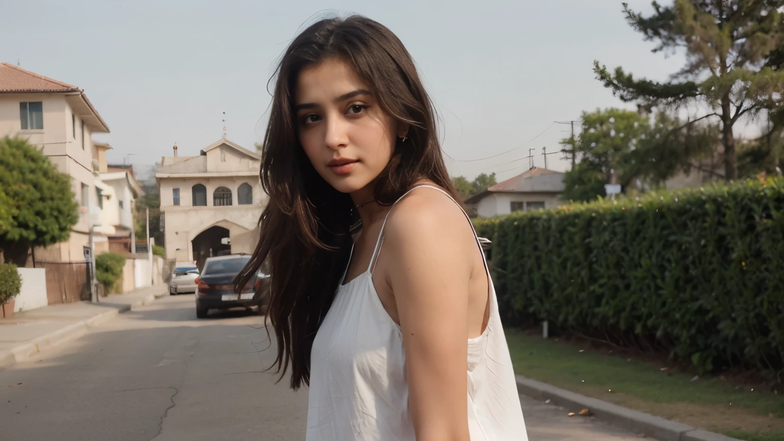 persian woman, 30 years old, in a blouse, dancing, dark hair, shiraz city, evening with sun still up, white dress, extremely realistic, extreme quality, beautiful face, vivid colors, charming