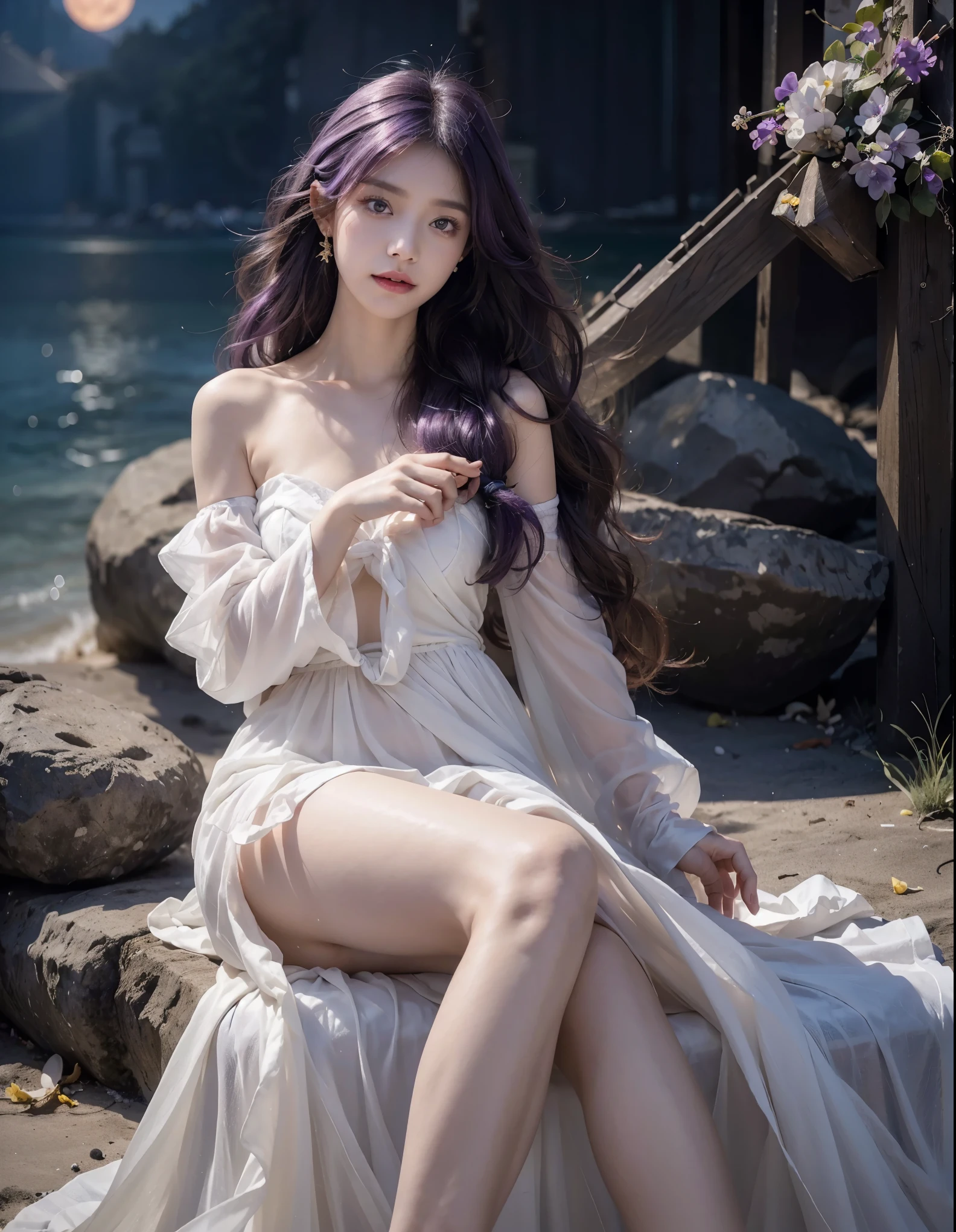 (((RAW photo , insanely detailed, highest quality, high resolution,)))

break、(contrast:),  full body:1、large tits,angel Smile、barefoot、Candid pose、

break、 (((violet hair Beach waves hairstyle ))), (((cosmetics))),

break、White effect ,  White angel:1.2, ((night)) 、

break、Vampire Castle, detailed background, moon、 

break、Antonio Riva dress:1.2、dress made of slightly transparent fabric、 high fantasy, beautiful face,  pointy ears, jewelry、

break、many gold butterflies are flying,

break、outdoor、