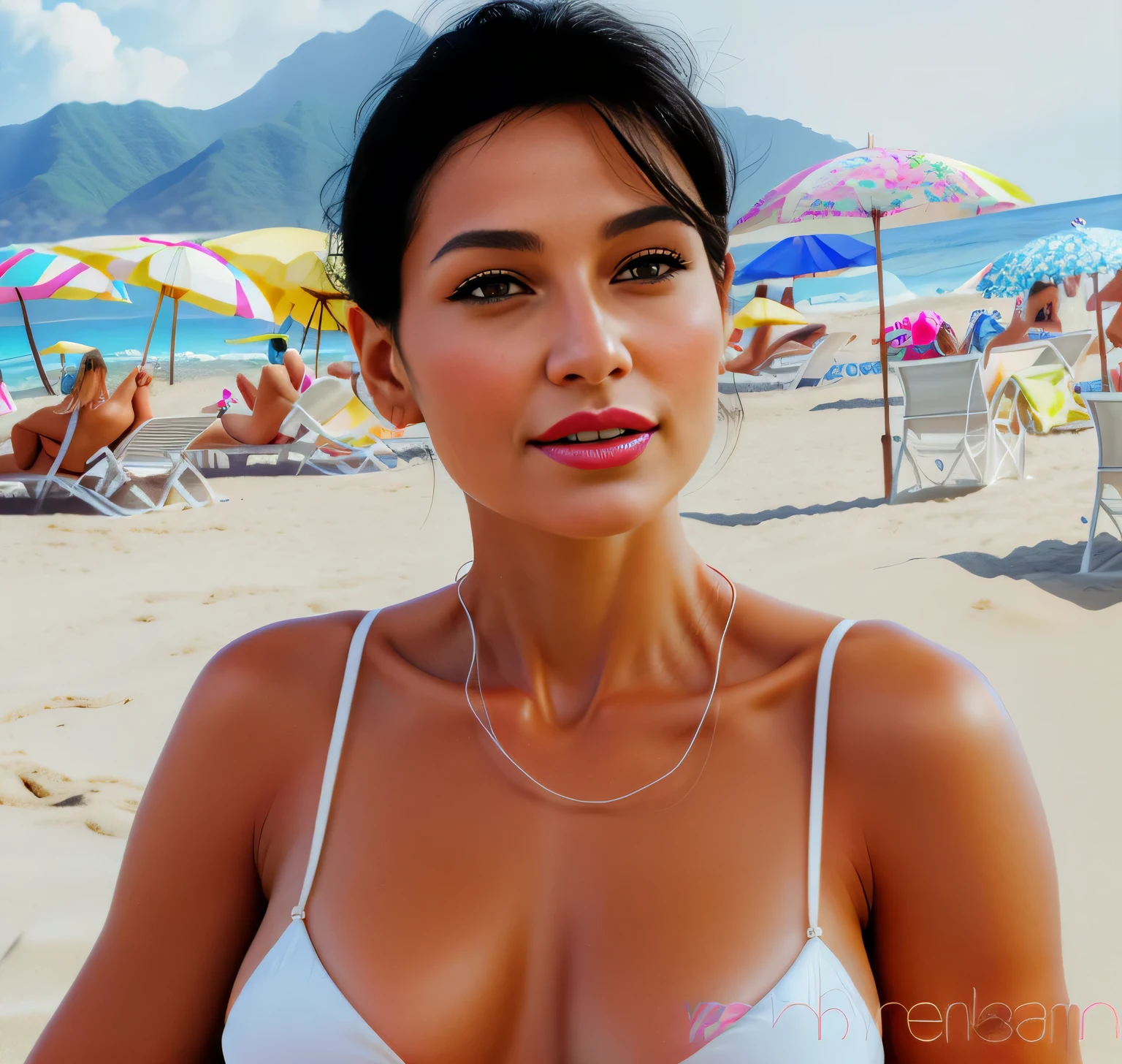 woman in a white bikini on the beach, in bikini, em uma praia tropical, foto de praia, posando na praia. Mulher com pele branca bronzeada e cabelos escuros. ela tem cerca de 35 anos. Your slightly plump lips are like a delicate flower, seus olhos castanhos escuros. Corpo fino. cintura fina. Your body exudes glamor and your face is the definition of beauty. Altamente realista, Lindo, soft lips, batom cor de rosa, sorriso, feeling of lightness and joy, hiperrealismo, pele muito elaborada. foto de corpo inteiro, Limpar foto, alta qualidade, high resolution, obra de arte, 8k