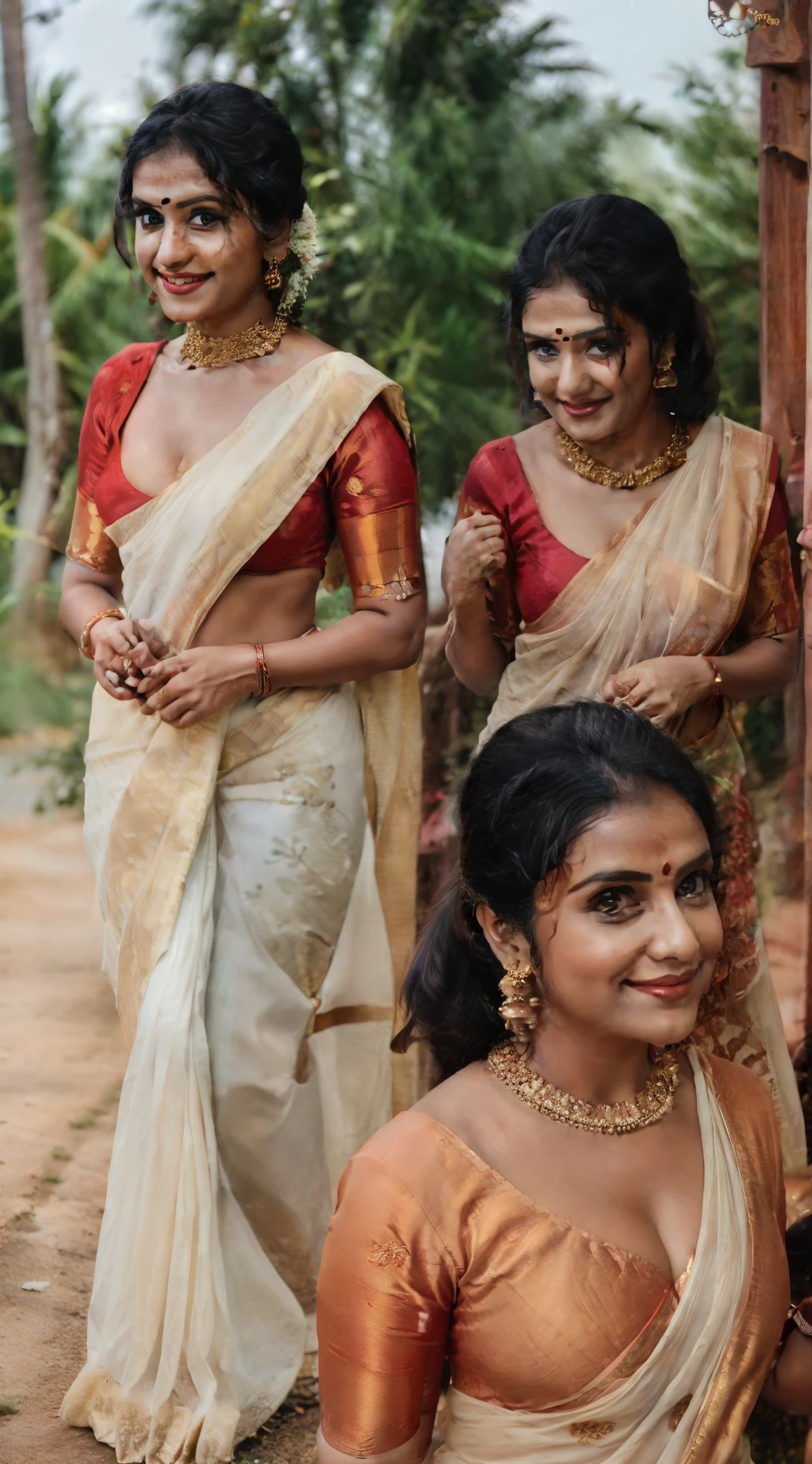 photography photo of a dark skinned South Indian woman, (saree:1.2), ramp walking on an outdoor stage by a lake, full body, rim lighting, eye level, (uhd:1.2), day scene , (low cut blouse:1.2), (deep cleavage:1.3),(34c bust:1.2),editorial photo of a kerala woman, shot on CineStill , 32k, cinematic composition, professional color grading, film grain, atmosphere, wondrous, ((anatomically correct:1.4)), hyperrealistic, (looking at camera), smiling,