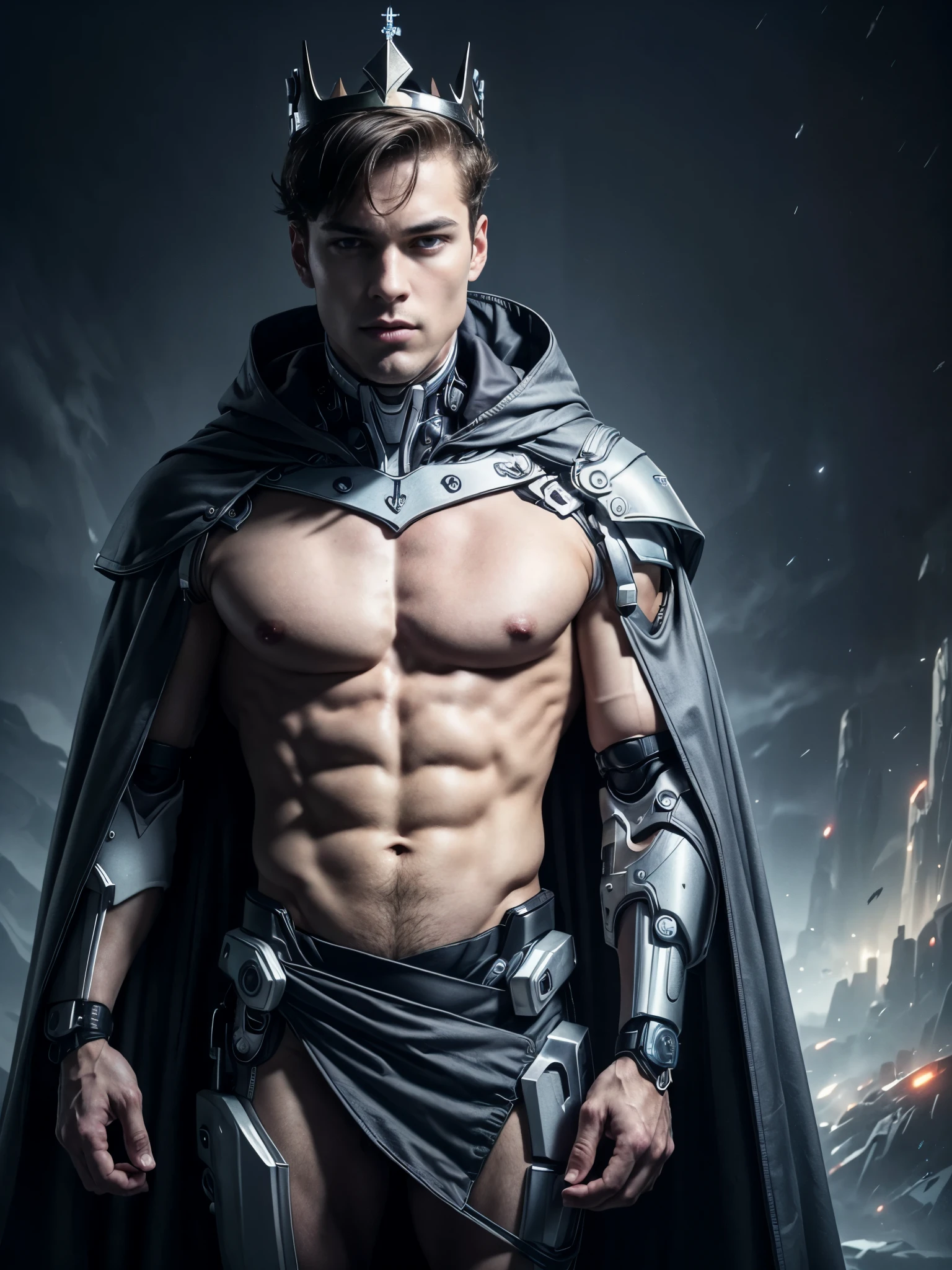 Photorealistic, ((best quality)), ((masterpiece)), (detailed), masculine portrait of young futuristic prince, (half cyborg:1.4), 18-year-old male models, handsome, tall, cute looking, evil look, dark look, powerful, young male, handsome model, clean shave, silver eyes. (short curly messy brown hair:1.2), messy curly hair, (short hair:1.7) super strong, muscular, fit, massive muscles, six pack, (shirtless:1.8), barechested, half-naked, topless, muscle, ripped, strong body, fit body, great chest, amazing arms, (evil masculine crown:1.4), (open futuristic long cape:1.4), (futuristic draped cloth skirt:1.4), futuristic garment, other planet landscape in the background, (Dark background:1.3) 8k, high detailed, ultra-detailed, Stylish Pose, real skin texture, dark cinematic lighting
