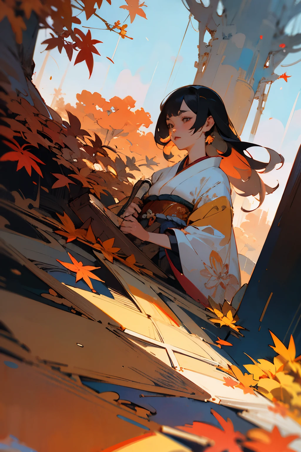 female painted in a Traditional Japanese style, Autumn meditation, in Japanese Wonderland Stylized watercolor visuals, ultra detailed art, complex Illustration by Tran Nguyen Jeremy Mann Frank Frazetta Carne Griffiths Karol Bak, WLOP, Intricate, Complex contrast, HDR, Sharp, soft Cinematic Volumetric lighting, vibrant colors