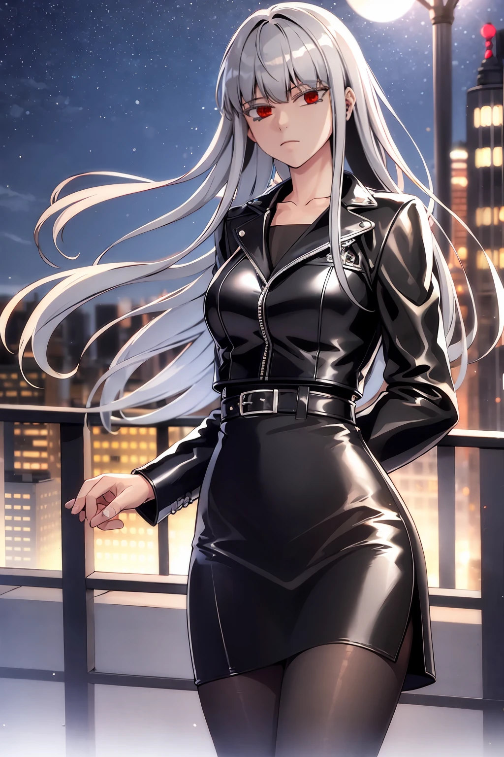 1girl, solo, silver hair, red eyes, bangs, leather jacket, tight skirt, facing viewer
cityscape, citylights, night sky,  