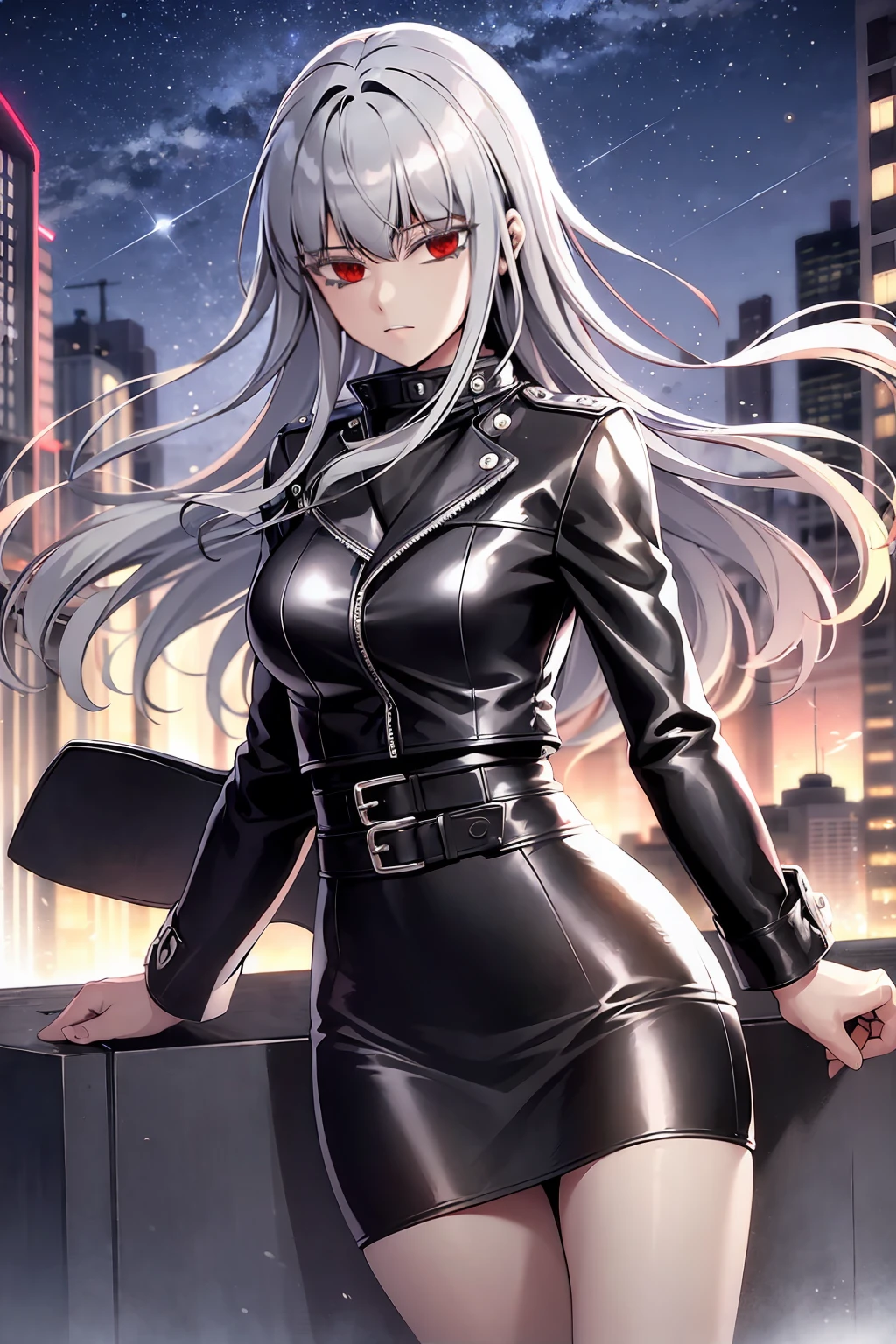 1girl, solo, silver hair, red eyes, bangs, leather jacket, tight skirt, facing viewer
cityscape, citylights, night sky,  