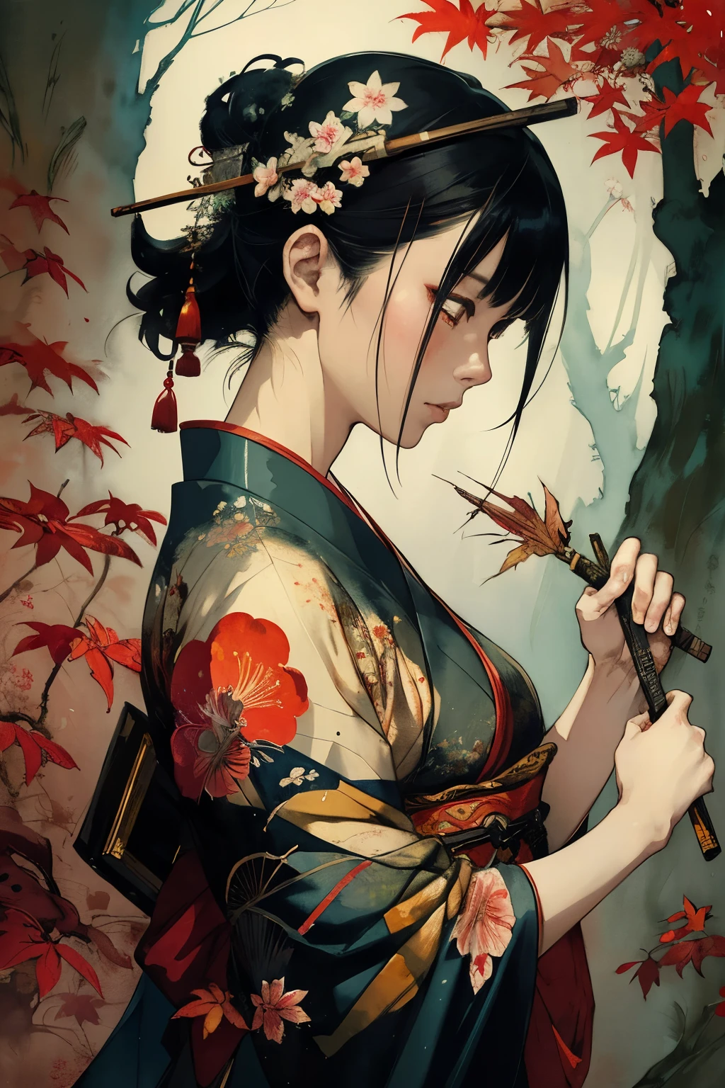 female painted in a Traditional Japanese style, Autumn meditation, in Japanese Wonderland Stylized watercolor visuals, ultra detailed art, complex Illustration by Tran Nguyen Jeremy Mann Frank Frazetta Carne Griffiths Karol Bak, WLOP, Intricate, Complex contrast, HDR, Sharp, soft Cinematic Volumetric lighting, vibrant colors