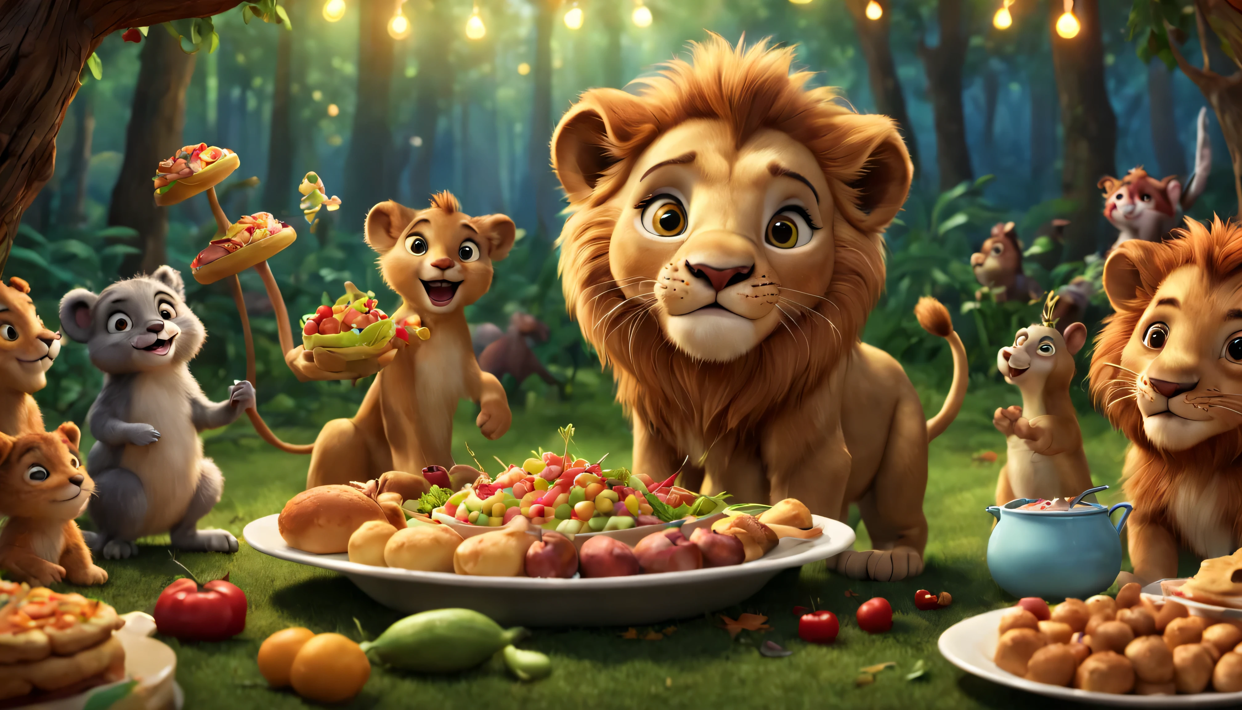 Lion, em uma festa com seus amigos da floresta, com muita comida, disneypixar, muito realista, estilo de desenho animado, 4k