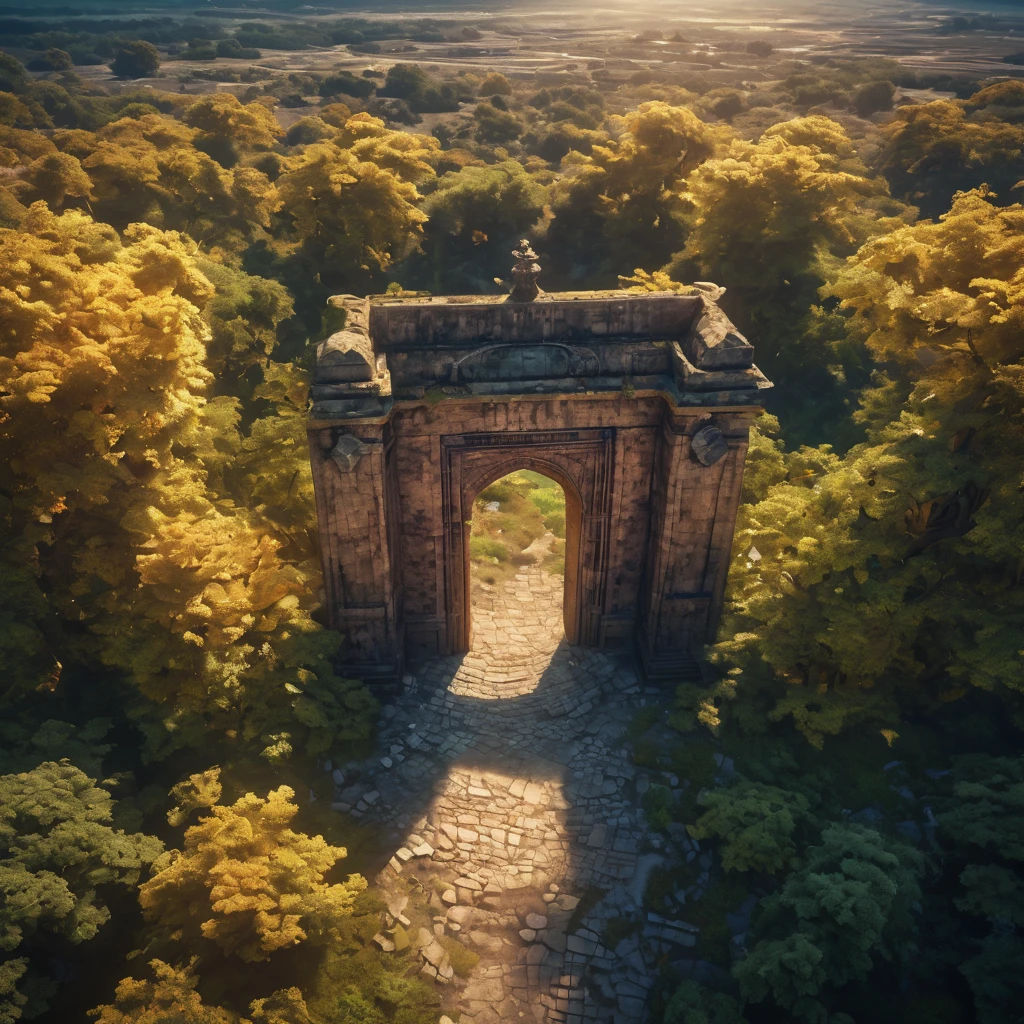 Aerial view of a forgotten ((open gateway)) of time and space.(best quality,4k,8k,highres,masterpiece:1.2),ultra-detailed,(realistic,photorealistic,photo-realistic:1.37),HDR,UHD,studio lighting,ultra-fine painting,sharp focus,physically-based rendering,extreme detail description,professional,vivid colors,bokeh,concept artists