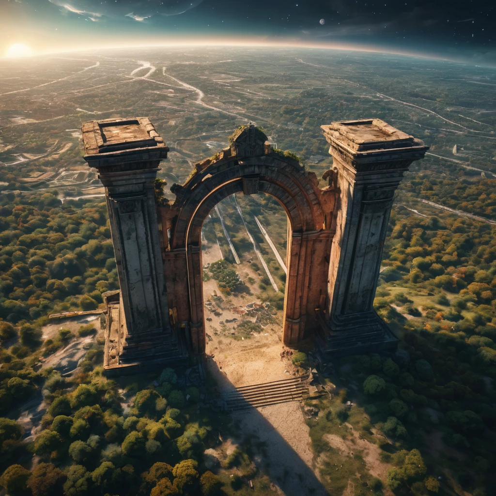Aerial view of a forgotten ((open gateway)) of time and space.(best quality,4k,8k,highres,masterpiece:1.2),ultra-detailed,(realistic,photorealistic,photo-realistic:1.37),HDR,UHD,studio lighting,ultra-fine painting,sharp focus,physically-based rendering,extreme detail description,professional,vivid colors,bokeh,concept artists