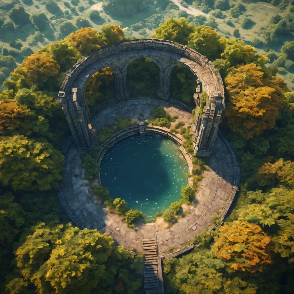 Aerial view of a forgotten ((open gateway)) of time and space.(best quality,4k,8k,highres,masterpiece:1.2),ultra-detailed,(realistic,photorealistic,photo-realistic:1.37),HDR,UHD,studio lighting,ultra-fine painting,sharp focus,physically-based rendering,extreme detail description,professional,vivid colors,bokeh,concept artists