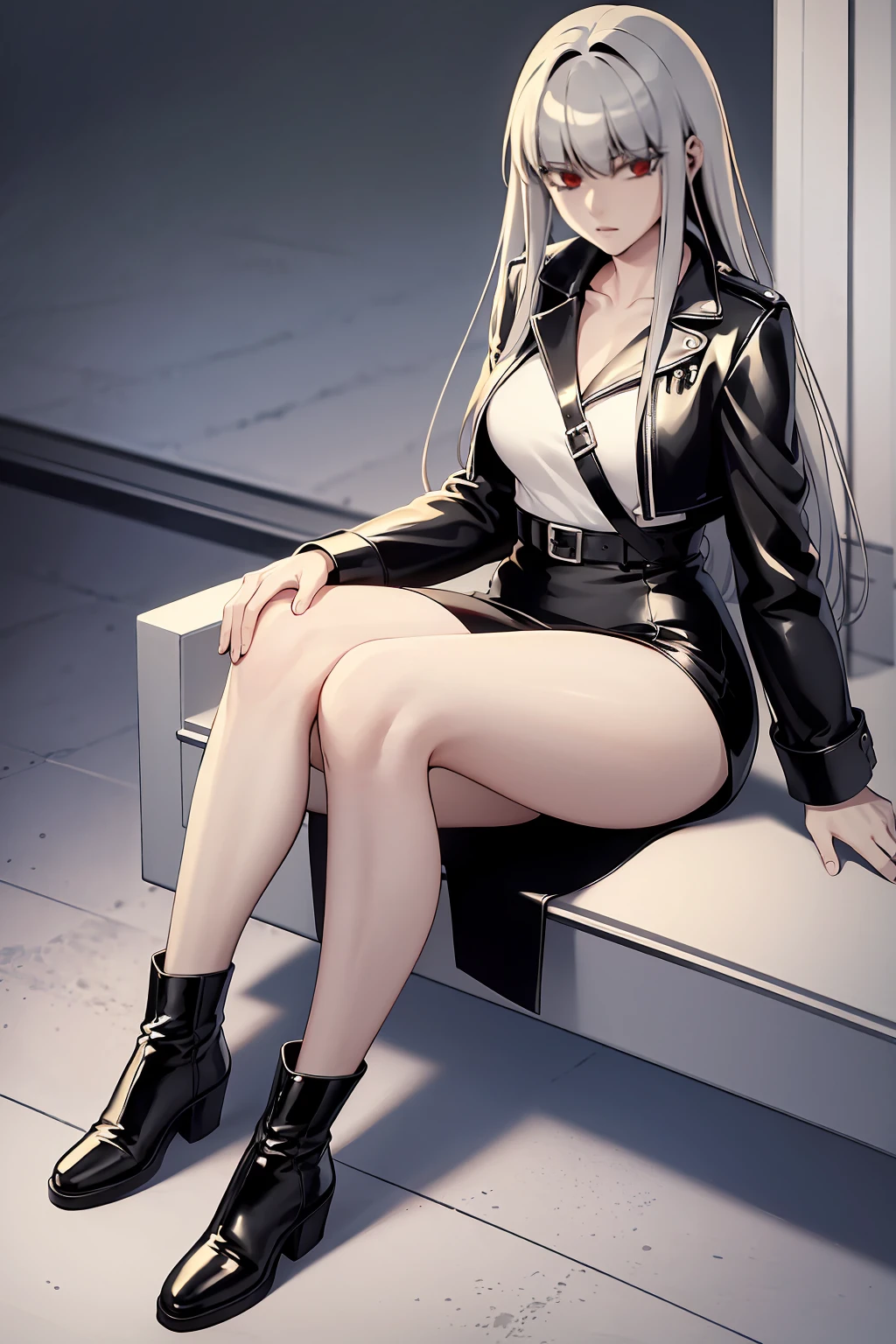 1girl, solo, silver hair, red eyes, bangs, leather jacket, black tight skirt, long legs, tall girl, looking at viewer,(sitting with knees together, knees to chest, feet apart, sitting on the ground, pantyshot, white panties:1.2), open mouth, high definition , (masterpiece,best quality,ultra_detailed,highres,absurdres:1.2), black leather boots, facing viewer