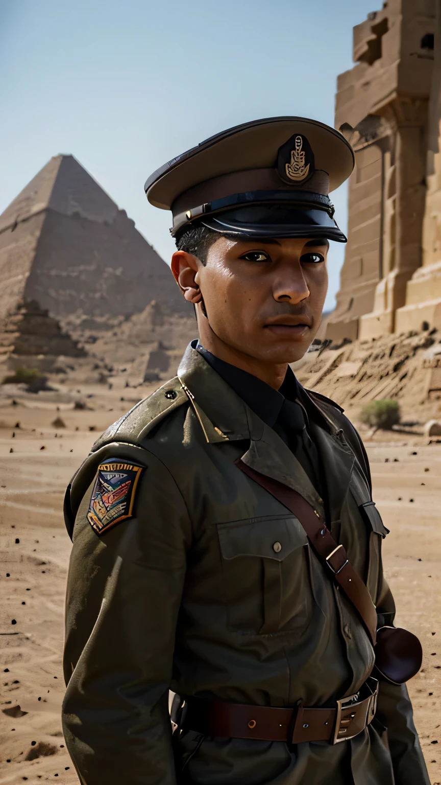 Egyptian army soldier 1952 year, military uniform, confident expression, dusty desert background, vintage photo style, sepia tone, dramatic lighting, high detailed face and equipment, leather boots, military cap, rifle, ammunition belt, engraved insignia, authoritative stance, soldier in action, guarding the border, intense atmosphere, historical significance, captured moment, black and white photography, historical artifact, heroic devotion, patriotic duty, iconic image, vintage military fashion. (best quality,4k,8k,highres,masterpiece:1.2),ultra-detailed,(realistic,photorealistic,photo-realistic:1.37), HDR, studio lighting, ultra-fine painting, sharp focus, physically-based rendering, extreme detail description, professional, vivid colors, bokeh, military history, Egyptian revolution, bravery, sacrifice, national pride, monumental event, intense period, historic rebellion, struggle for freedom.