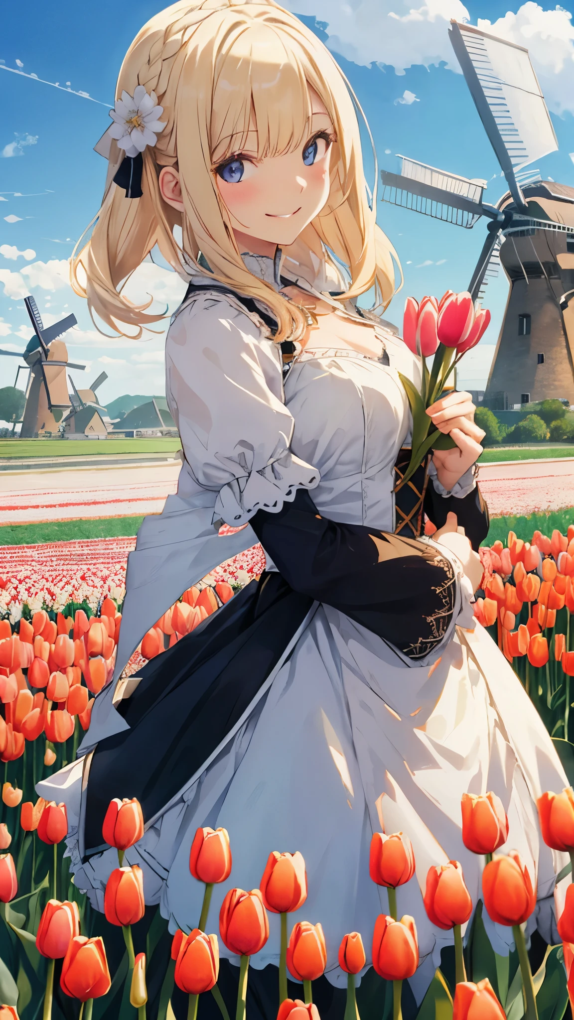 Dutch national costume、white woman、blonde hair、hold a tulip with both hands、smile、happy look、daytime、Landscape with tulip fields and windmills、