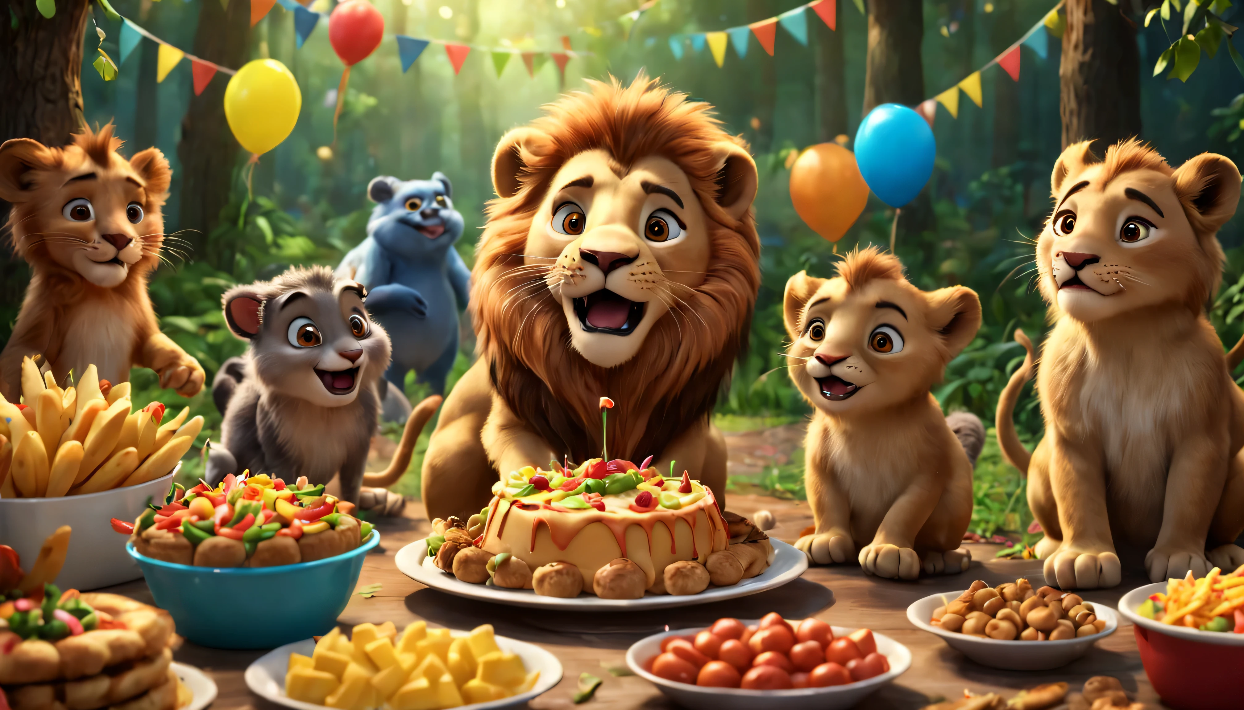Lion, em uma festa com seus amigos da floresta, com muita comida, disneypixar, muito realista, estilo de desenho animado, 4k