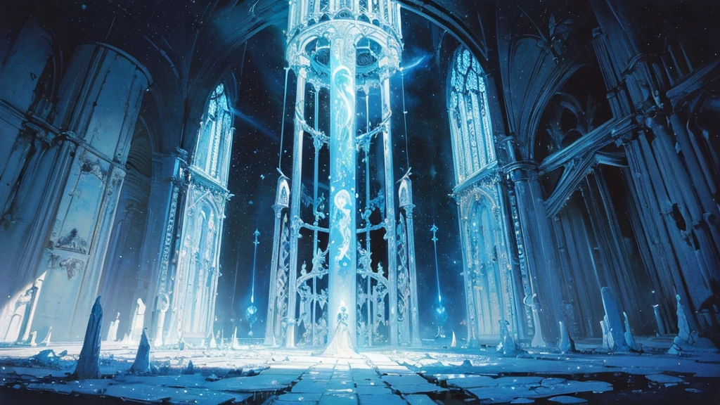 ((light blue and white，masterpiece))，top quality，Highly intricate and exquisite details，((Forgotten Gate of Time and Space，Unmanned scenes))，Fantasy and surreal cosmic energy，Strong sense of time and space，Exquisite bell tower，Extremely spectacular and shocking visual scenes，Twisted Fusion Glowing Magic，old ancient surface，cover plants