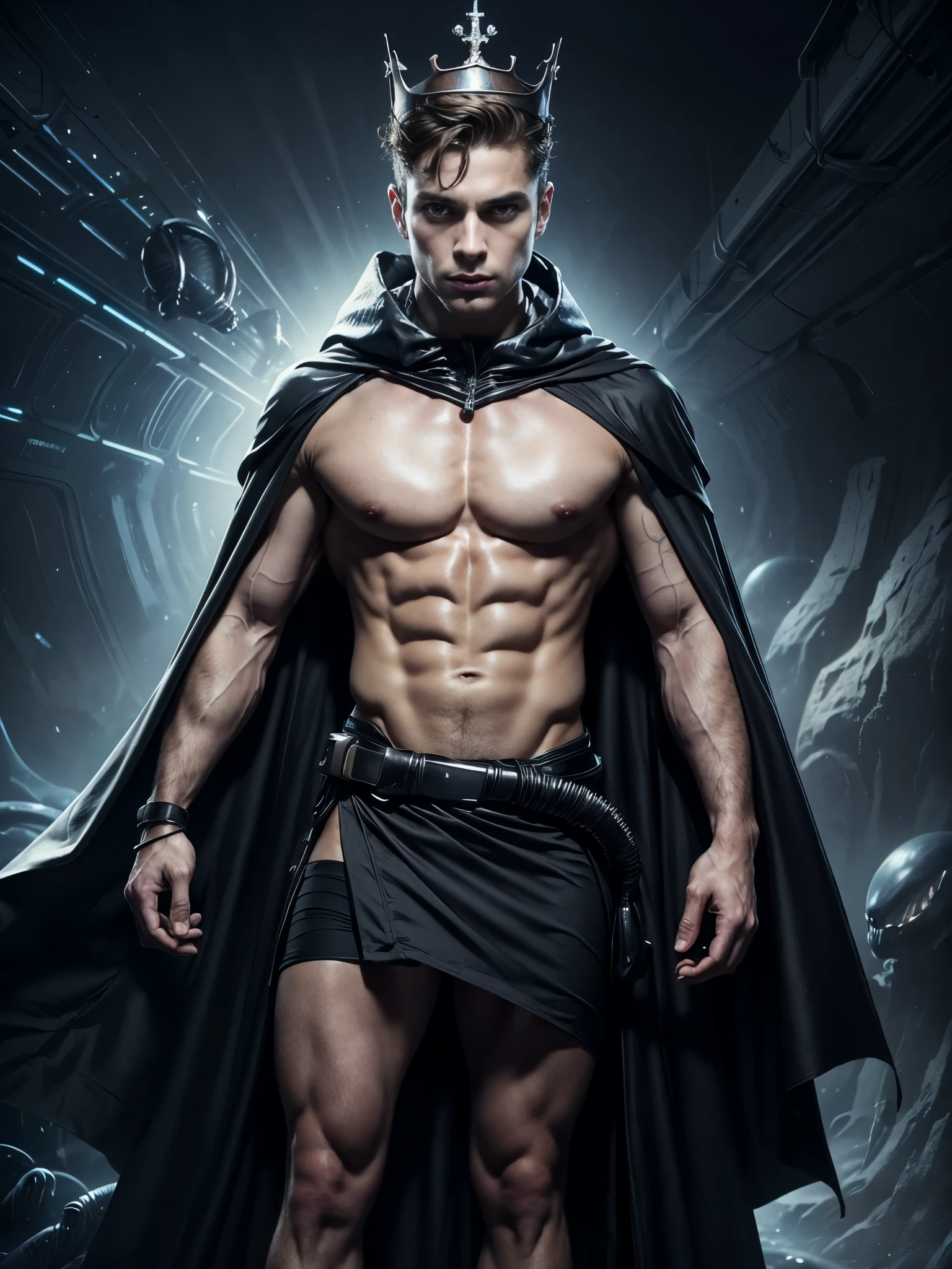 Photorealistic, ((best quality)), ((masterpiece)), (detailed), masculine portrait of young futuristic prince, (alien:1.8), 18-year-old male models, handsome, tall, cute looking, evil look, dark look, powerful, young male, handsome model, clean shave, silver eyes. (short curly messy brown hair:1.2), messy curly hair, (short hair:1.7) super strong, muscular, fit, massive muscles, six pack, (shirtless:1.8), barechested, half-naked, topless, muscle, ripped, strong body, fit body, great chest, amazing arms, (evil masculine crown:1.4), (open futuristic long cape:1.4), (futuristic draped cloth skirt:1.4), futuristic garment, other planet landscape in the background, (Dark background:1.3) 8k, high detailed, ultra-detailed, Stylish Pose, real skin texture, dark cinematic lighting