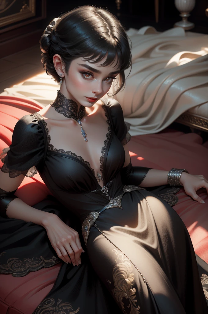 (Masterpiece - Ultra-Detailed, High Resolution) Prepare to be enchanted by a true masterpiece that combines ultra-detailed art with high-resolution rendering. This work shows a mesmerizing woman, with short, black hair, 1928s style, Audrey Hepburn (1.3) and captivating dark brown eyes (1.2), New York illustration style, wearing red lipstick, emanating an aura of elegance and mystery. Wearing classic victorian dress 1928s clothing. Intricate details and realistic textures invite you to explore every aspect of this enchanting composition. Black dress. reading, writing, walking, backwards, lying down, standing, dynamic poses, mouth closed. Different posture , dynamic poses, mouth closed. Different posture, with chin resting on shoulder. Perfect fingers. Get ready to dive into a world where beauty and craftsmanship merge perfectly.