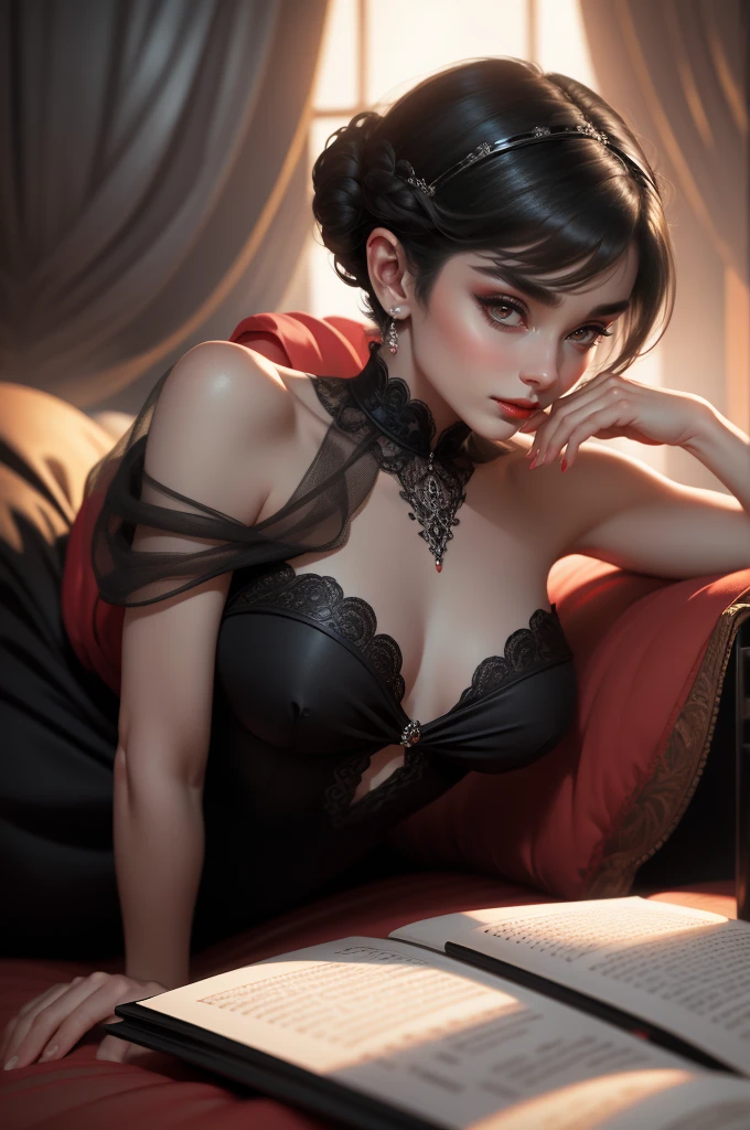 (Masterpiece - Ultra-Detailed, High Resolution) Prepare to be enchanted by a true masterpiece that combines ultra-detailed art with high-resolution rendering. This work shows a mesmerizing woman, with short, black hair, 1928s style, Audrey Hepburn (1.3) and captivating dark brown eyes (1.2), New York illustration style, wearing red lipstick, emanating an aura of elegance and mystery. Wearing classic victorian dress 1928s clothing. Intricate details and realistic textures invite you to explore every aspect of this enchanting composition. Black dress. reading, writing, walking, backwards, lying down, standing, dynamic poses, mouth closed. Different posture , dynamic poses, mouth closed. Different posture, with chin resting on shoulder. Perfect fingers. Get ready to dive into a world where beauty and craftsmanship merge perfectly.