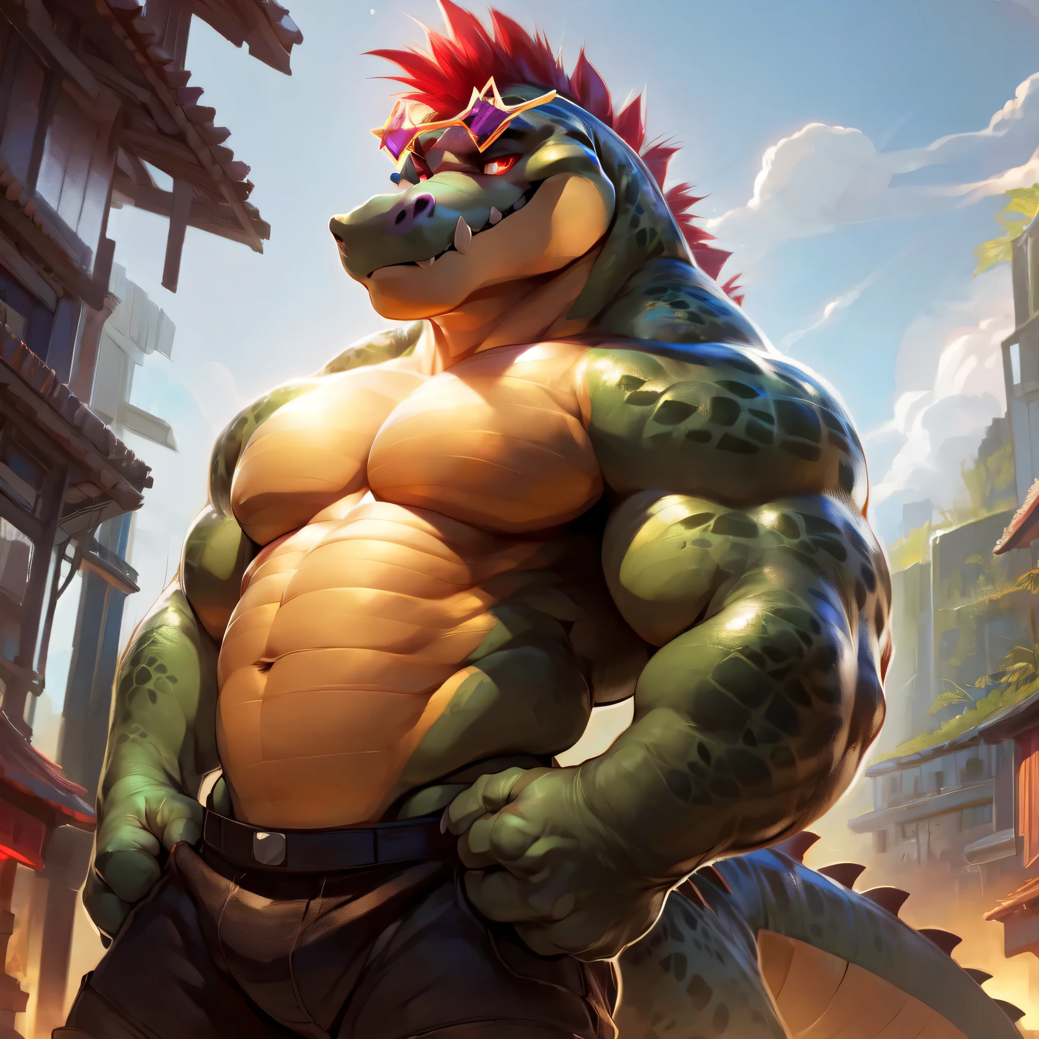 male, solo, alligator, full body, Delicate face, Delicate eyes, realistic, masterpiece, Ultra highest quality, unreal engine, trending on ArtStation, Intricate, Ultra High Detail, dramatic, realism, realistic, standing, muscle, scalie, day, looking_at_viewer, Ultra detailed eyes, Ultra detailed body, Ultra detailed face, outside, expressive, masculine, devilish smirk) 8k HD, hdr, masterpiece, red mohawk, star sunglasses, crocodile tail, full body, detailed eyes, red eyes, glowing eyes, bara, beefy, star shaped shades, (by null-ghost,by darkgem,by pino daeni,by zoroj, by redrusker)