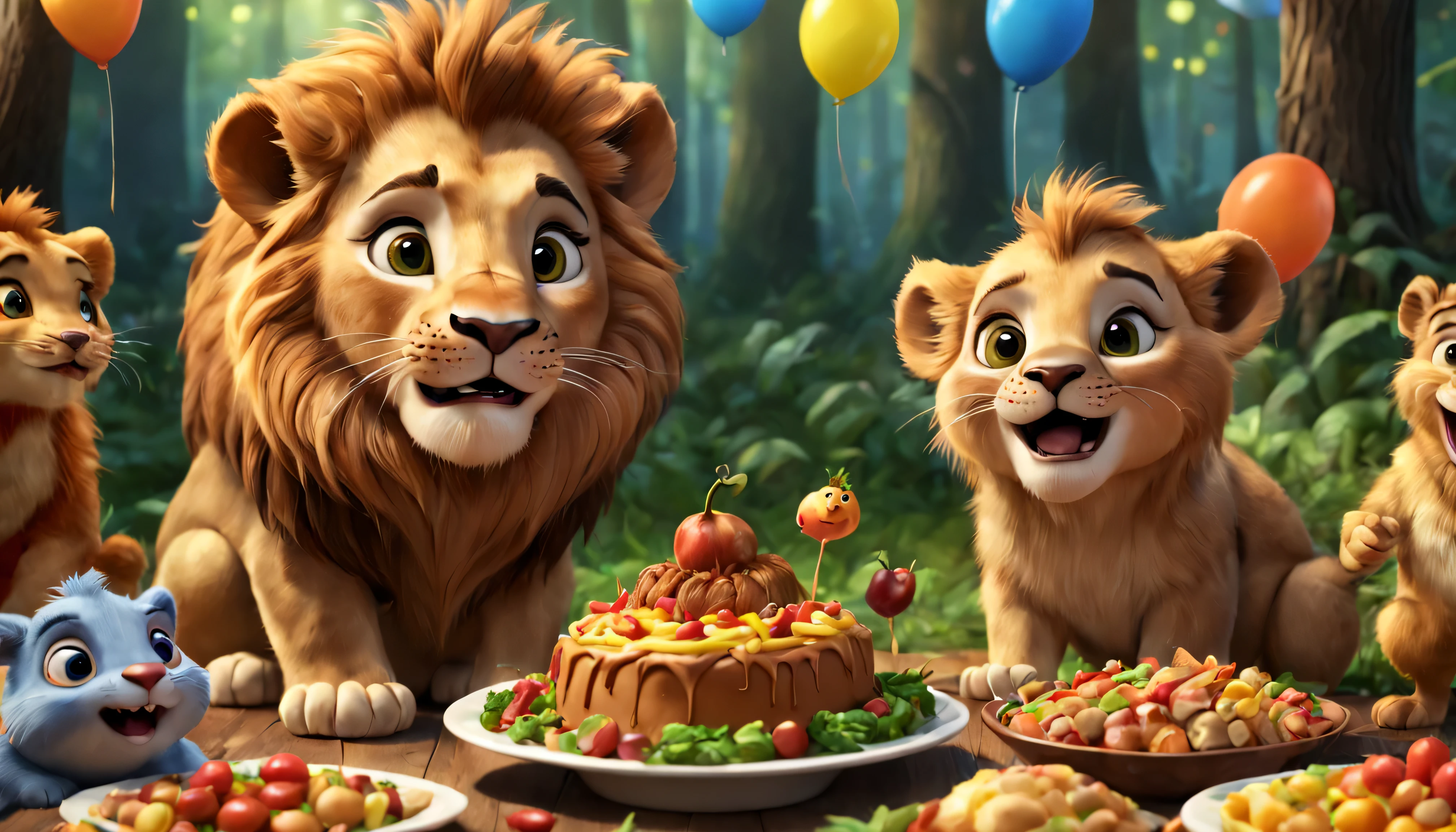 Lion, em uma festa com seus amigos da floresta, com muita comida, disneypixar, muito realista, estilo de desenho animado, 4k