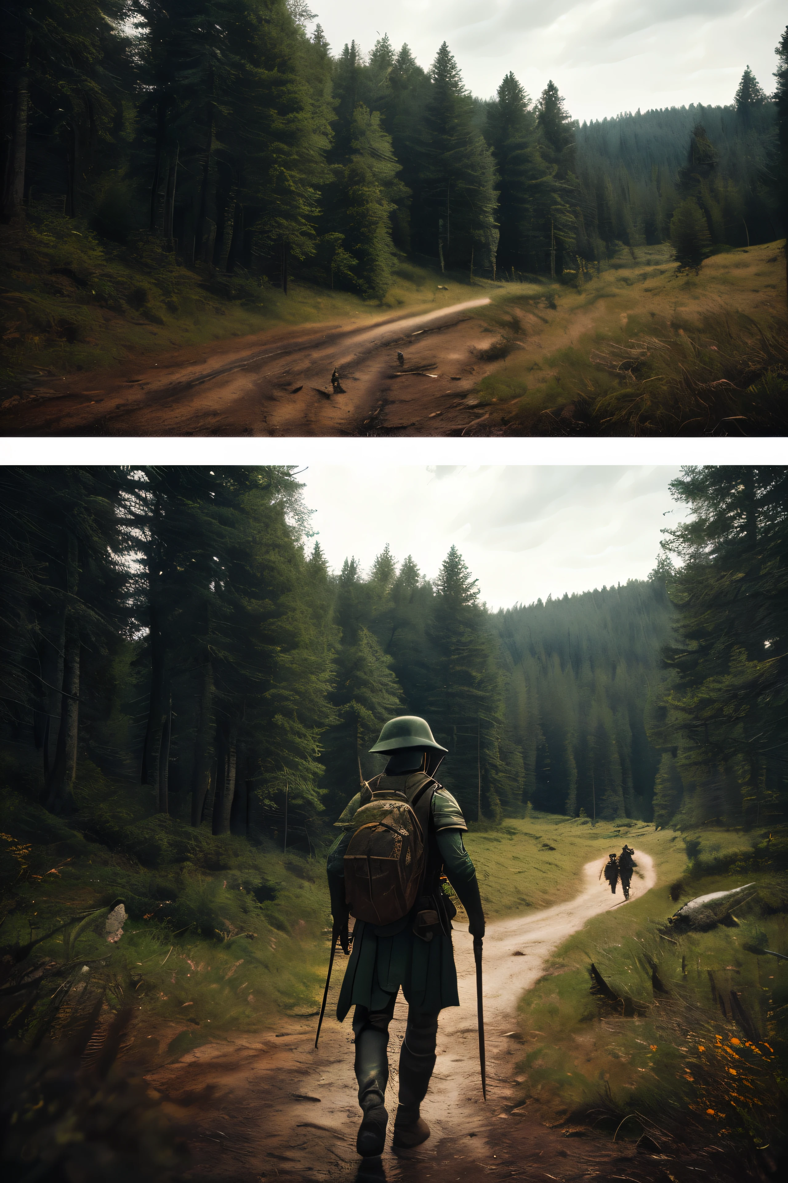 8k, best quality, masterpiece, highly detailed, realistic, a man, 20 years old, battle scenes, outdoors, forest background, with many trees and dark sky
