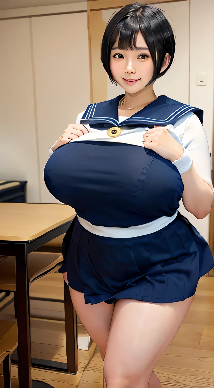 (In 8K, ultra high resolution, highest quality, table top:1.1),(18-year-old、perfect beautiful girl)、(look away)、(perfect anatomy、beautiful limbs、beautiful skin)、Japanese girl raw portrait、Photoreal、ultra high resolution、highest quality、(Navy sailor suit、Navy pleated mini skirt:1.3) (high school girl、pretty huge chest、pretty big breasts、toned body、Try to hide all your breasts、black hair short cut:1.5)(very cute、cute smile、Navy Mini Skirt Sailor Suit、black socks),Walk along the path by the sea,professional photography、gravure、