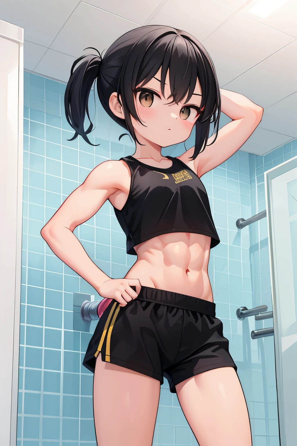 1girl (little) is standing in bathroom, black hair, young, athletic,  midriff visible , track and field, shorts, thight top, abs, muscular, chibichara, flexing biceps