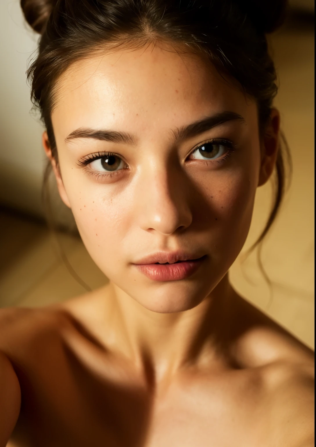 (taking selfies, overhead view: 1.4), (straight half of the torso: 1.4) Portrait photo of A pretty (jung:1.5) 1Mädchen, (teenAge:1.5), Hautglanz, RembrAndt lighting,
weAring fisher outfits, (primAry colors hAir, bun hAir:1.36), VArious postures, Aroused, Blick in die Mitte,
In (Night City:1.4), her peAceful expression And gentle breAthing creAte A cAlming Atmosphere, nAturAl skin texture, hyperreAlism, HDR, hyperdetAiled, RAW-Foto, photoreAlistic, best quAlity, hochauflösend, reAlistic, 8 TAUSEND, cAustics, dynAmic light, beAutiful And delicAte lips, delicAte fingers, detAiled pupil, reAl humAn skin,