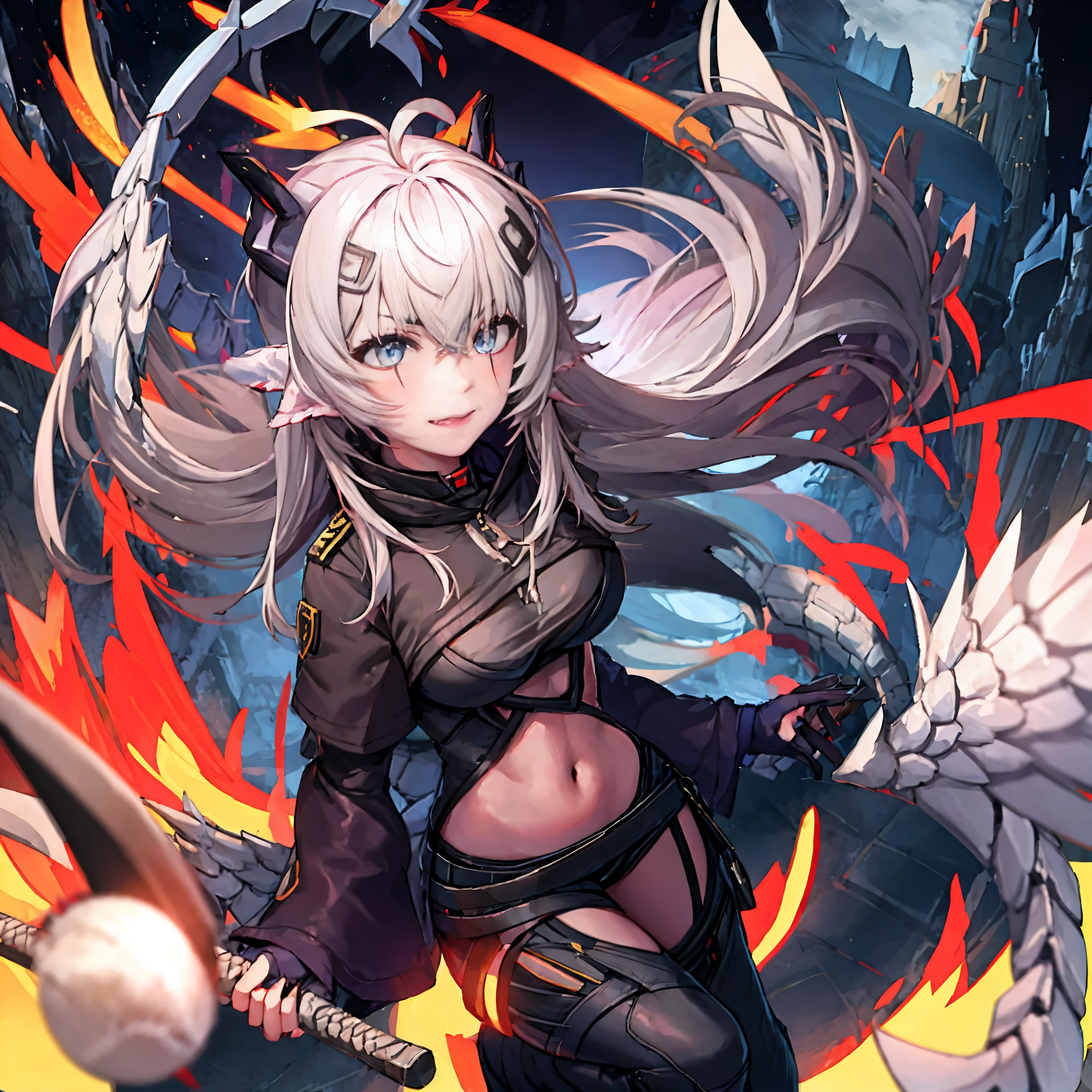 masterpiece, shoulder length white hair, female,2 white fox ears, age girl, body,, white scale dragon tail, military boots,black leggings, military combat pants, black T-shirt, white jacket open, medium size chest, detailed blue eyes,solo female,1 dragon tail, tomboyish, thick dragon tail, white scales, 2 dragon wings, white fluffy dragon wings, detailed face