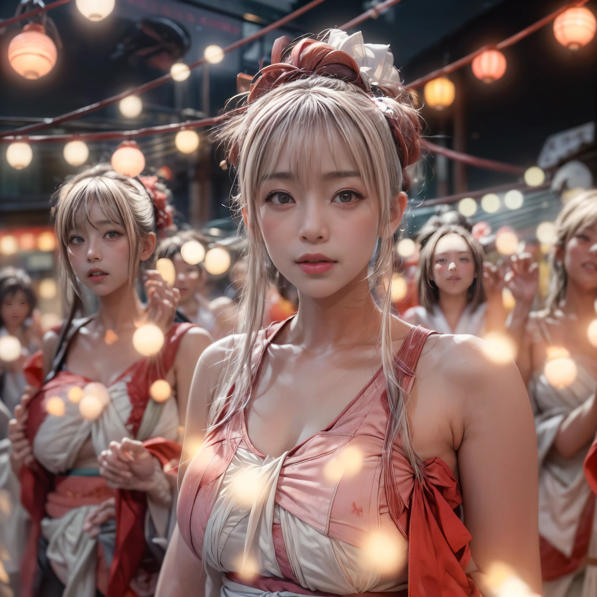 ((bokeH, Acutance:0.85, ultra-detailed:1.35)), (((from below))) . The background is the downtown area at (Twilight:1.4), (((Red-dyed clouds above hed:1.3))), { The Sky takes up more than third of the composition | (many colorful Lights:1.2) | lens flare | Burning | Haze | (luminous Particles) | Mystic sight | God rays | Lightning }, { Underboob | Oiled ivory skin | FullBody:1.2 } . (Masterpiece:1.2) of professional Analog photo with Hasselblad, (((realistic and photorealistic with touch of rawness:1.37))) . ((( A group photo of KAWAII girls in WHITE Fundoshi, at Hakata Gion Ymakasa Festival ))), ((Extremely detailed KAWAII face variations)) . Assfocus with looking ahead .