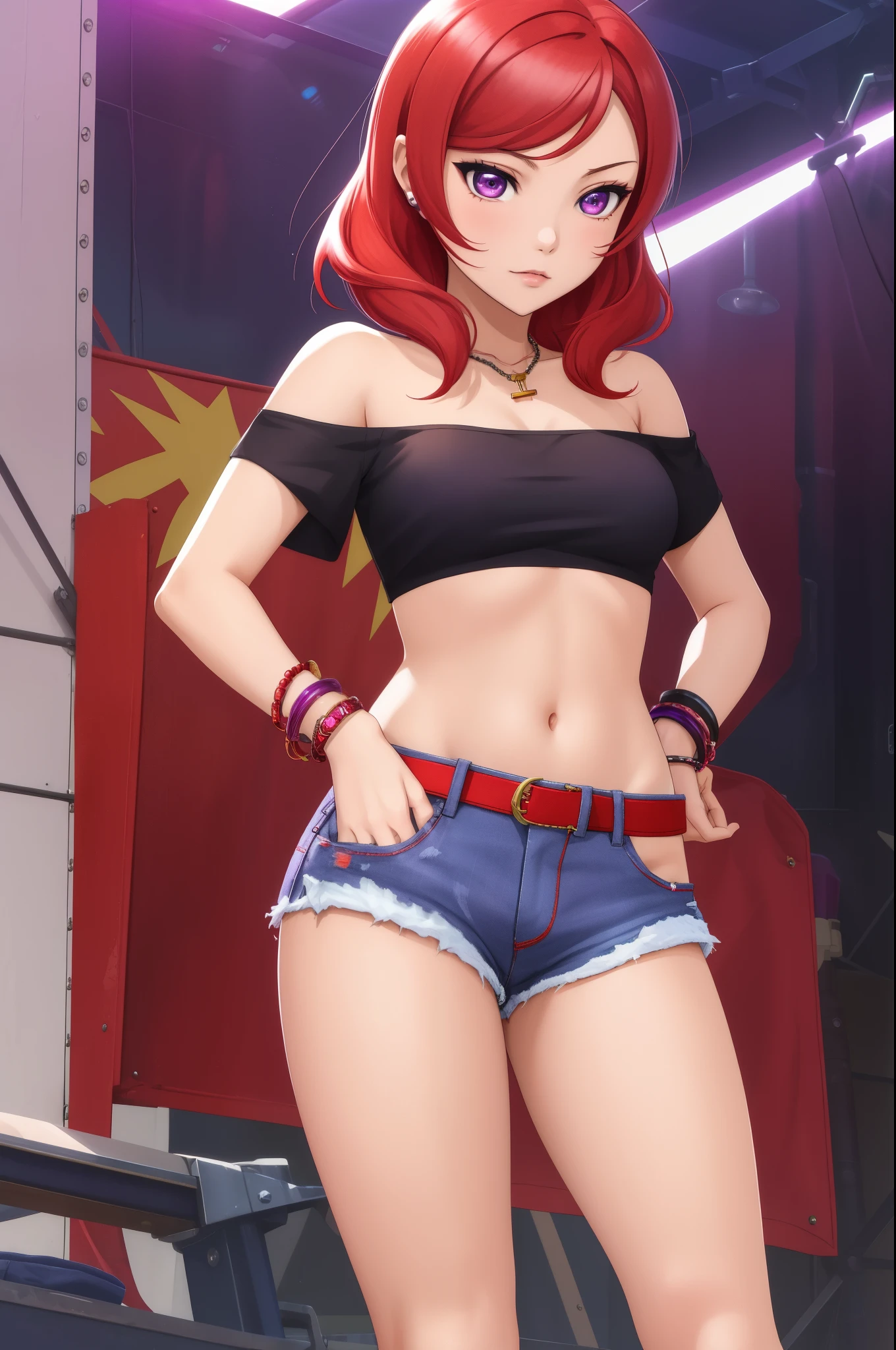 masterpiece, best quality, (1girl:1.000), (bracelet:1.000), (nishikino maki), (red hair:0.987), (purple eyes:0.976),(solo:0.953), off shoulder tank top, jeans short shorts, standing 