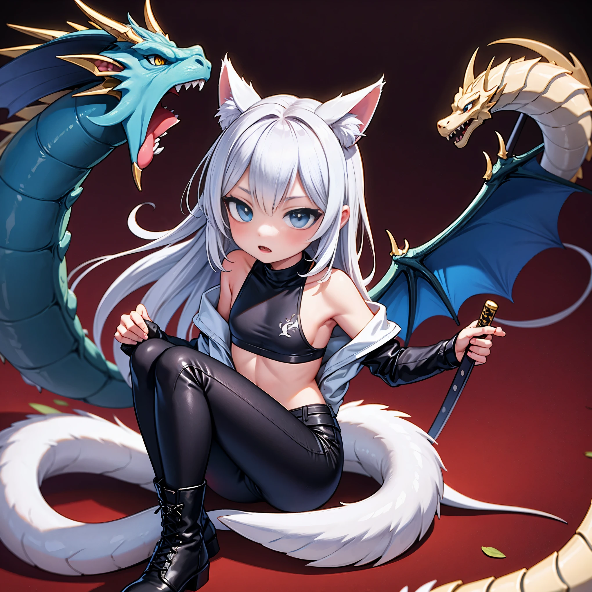 masterpiece, shoulder length white hair, female,2 white fox ears, teenage girl, body,, white scale dragon tail, military boots,black leggings, military combat pants, black T-shirt, white jacket open, medium size chest, detailed blue eyes,solo female,1 dragon tail, tomboyish, thick dragon tail, white scales, 2 dragon wings, white fluffy dragon wings, detailed face, holding a katana sword