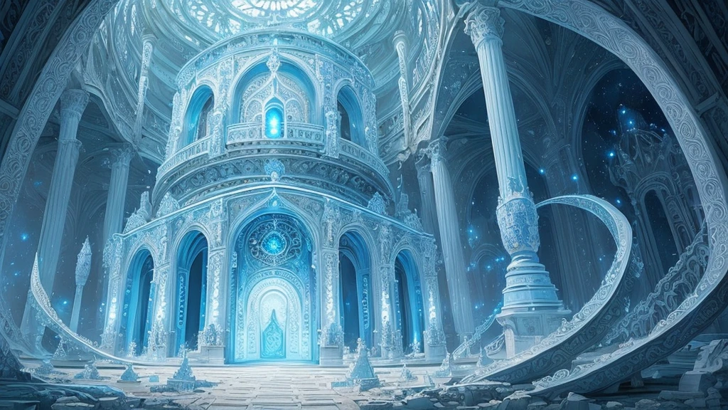 ((light blue and white，masterpiece))，top quality，Highly intricate and exquisite details，((Forgotten Gate of Time and Space，Unmanned scenes))，Fantasy and surreal cosmic energy，Strong sense of time and space，Exquisite bell tower，Extremely spectacular and shocking visual scenes，Twisted Fusion Glowing Magic，old ancient surface，cover plants