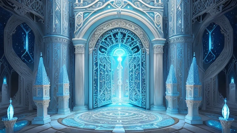 ((light blue and white,masterpiece)),top quality,Highly intricate and exquisite details,((Forgotten Gate of Time and Space,Unmanned scenes)),Fantasy and surreal cosmic energy,Strong sense of time and space,Exquisite bell tower,Extremely spectacular and shocking visual scenes,Twisted Fusion Glowing Magic,old ancient surface,cover plants