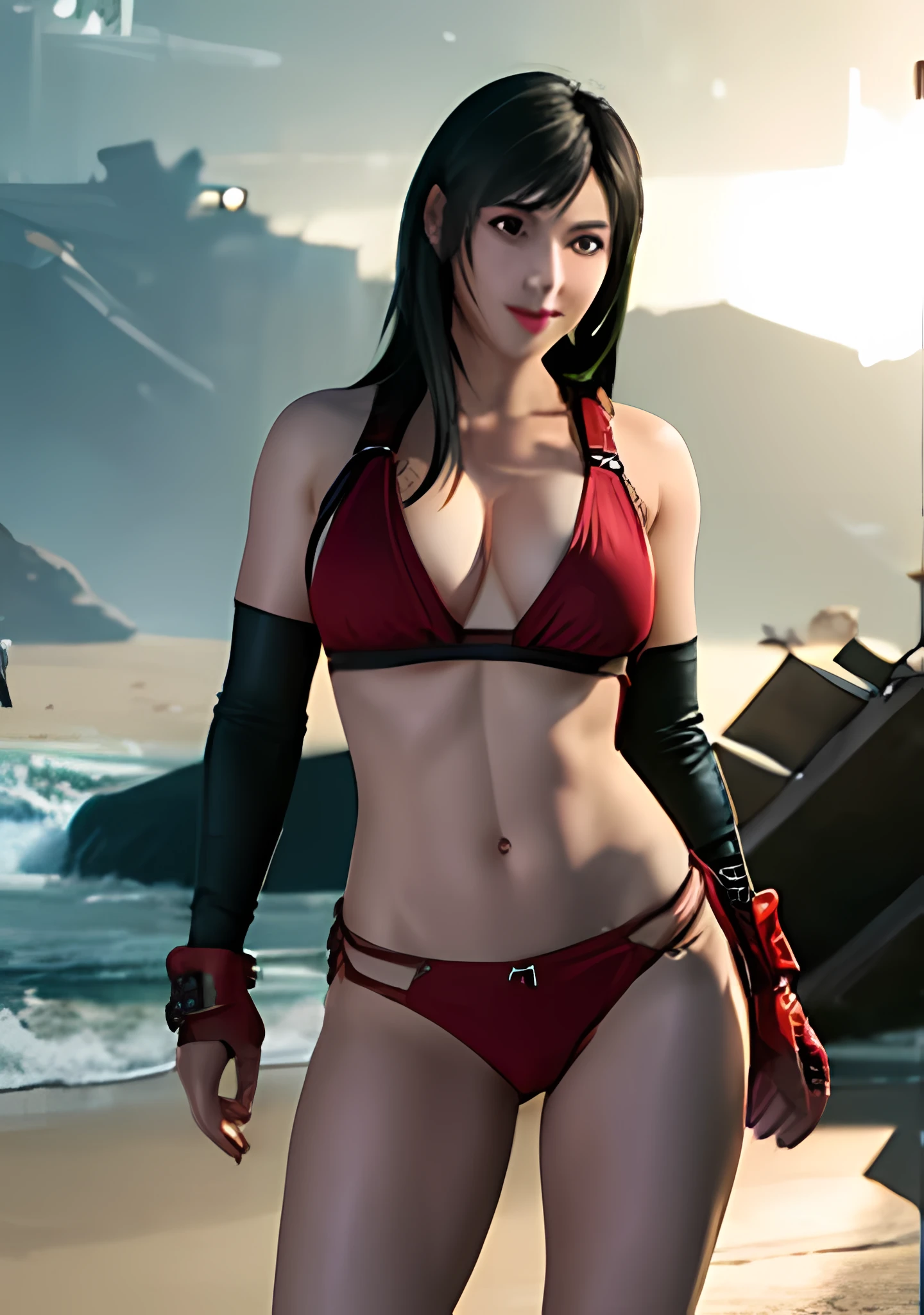 (Photorealistic: 1.4), top quality, very delicate and beautiful, high resolution, 1girl, tifa_lockhart, smile, cowboy shot, suspenders, low rise, black hair, long hair, elbow gloves, beautiful detailed red eyes, face light, movie lighting, navel, high exposure, abdomen exposure, ribs, abs, ( gigantic breasts: 1.2), dynamic poses, dynamic angles, at the beach, red bikini, big ass, big 