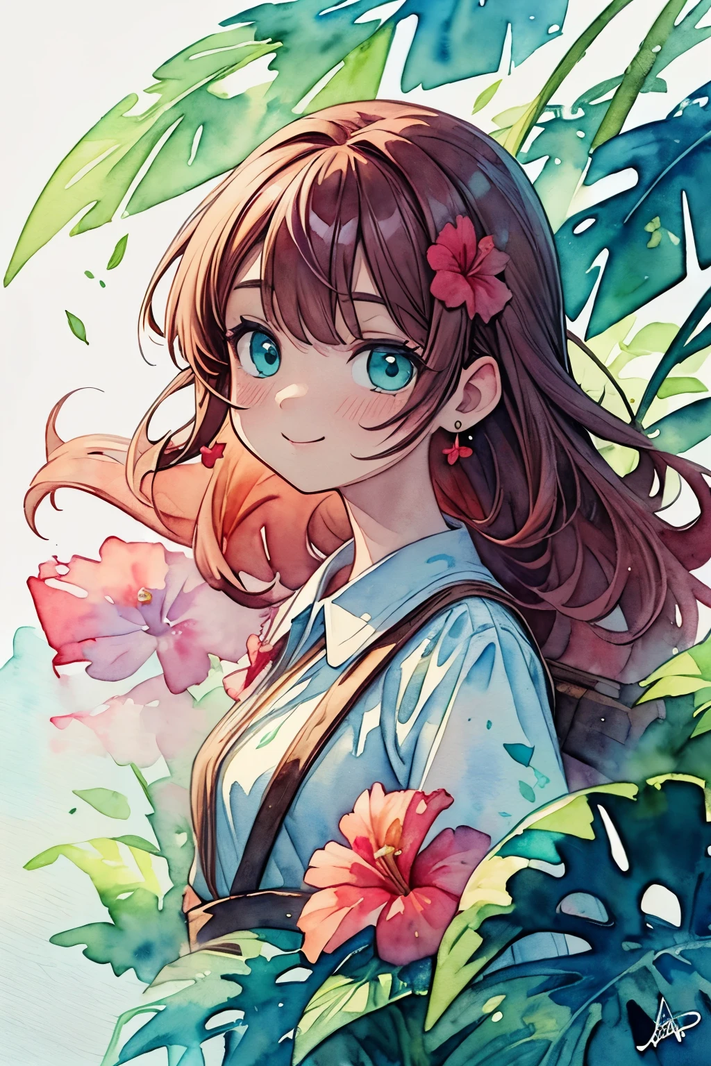 ((Masterpiece)), ((best quality)), (watercolor:1.5),1girl, solo, flower, Hibiscus, smile, leaf, ((Bangs cut diagonally)), (aqua eyes), signature, red flower, pale brown hair, long hair, green eyes, hair between eyes, cute earring, scumulonimbus cloud, landscape, tropical country, white background,