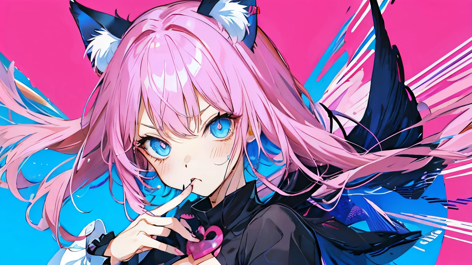 Very cute female anime half human cat woman, black and pink hair , blue eyes, beautiful background. Pouty, pink cat on shoulder.
