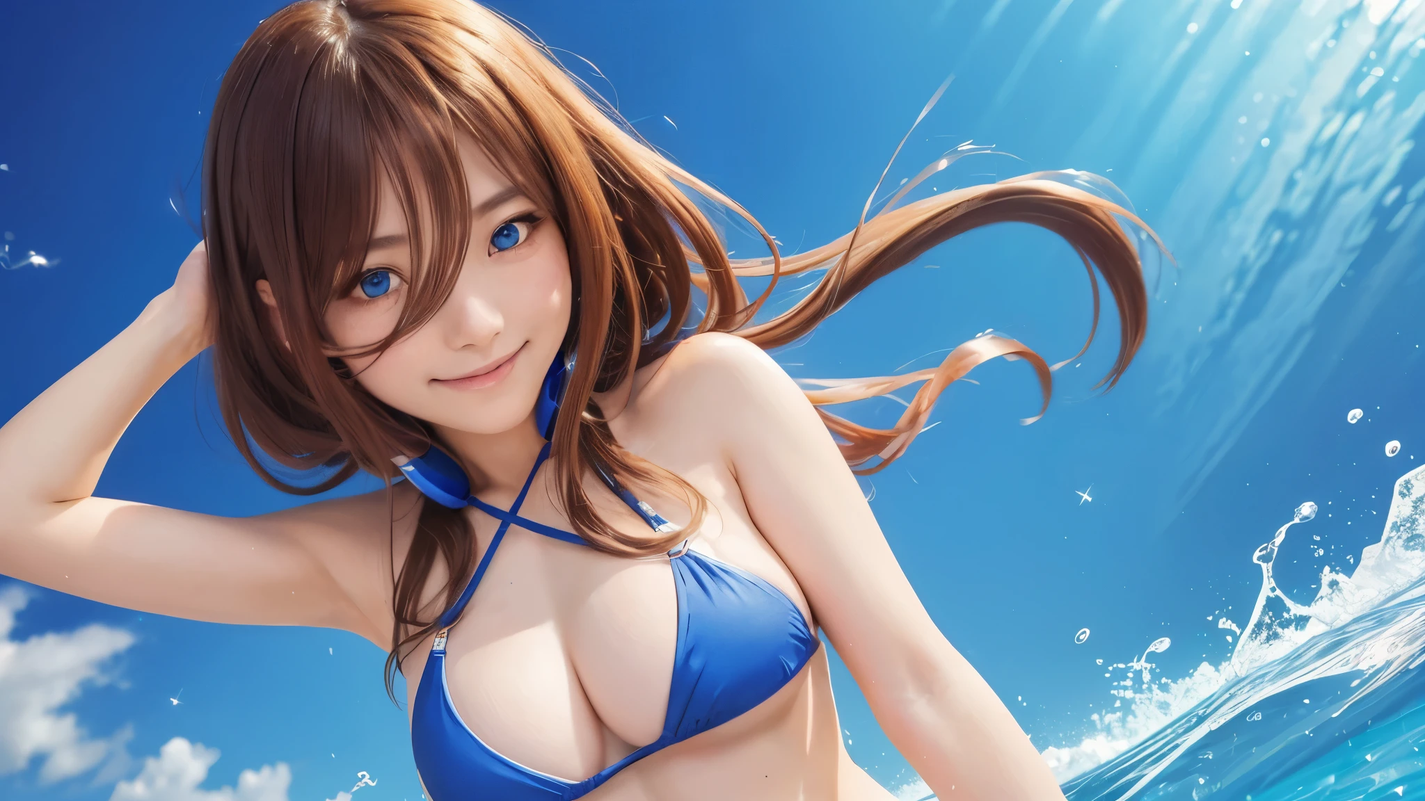 highest quality, 8K, Super detailed, photorealistic, Miku Nakano, Miku Nakano, medium long hair, bangs, blue eyes, hair between eyes, brown hair, (blue halter bikini:1.3), (Blue headphones:1.3), Wear the headphones around your neck, highest quality, High resolution, unity 8k wallpaper, (beautiful and detailed eyes:1.4), highly detailed face, perfect lighting, (perfect hands, perfect anatomy), cowboy shot, background a pool, best smile, Japanese face, 