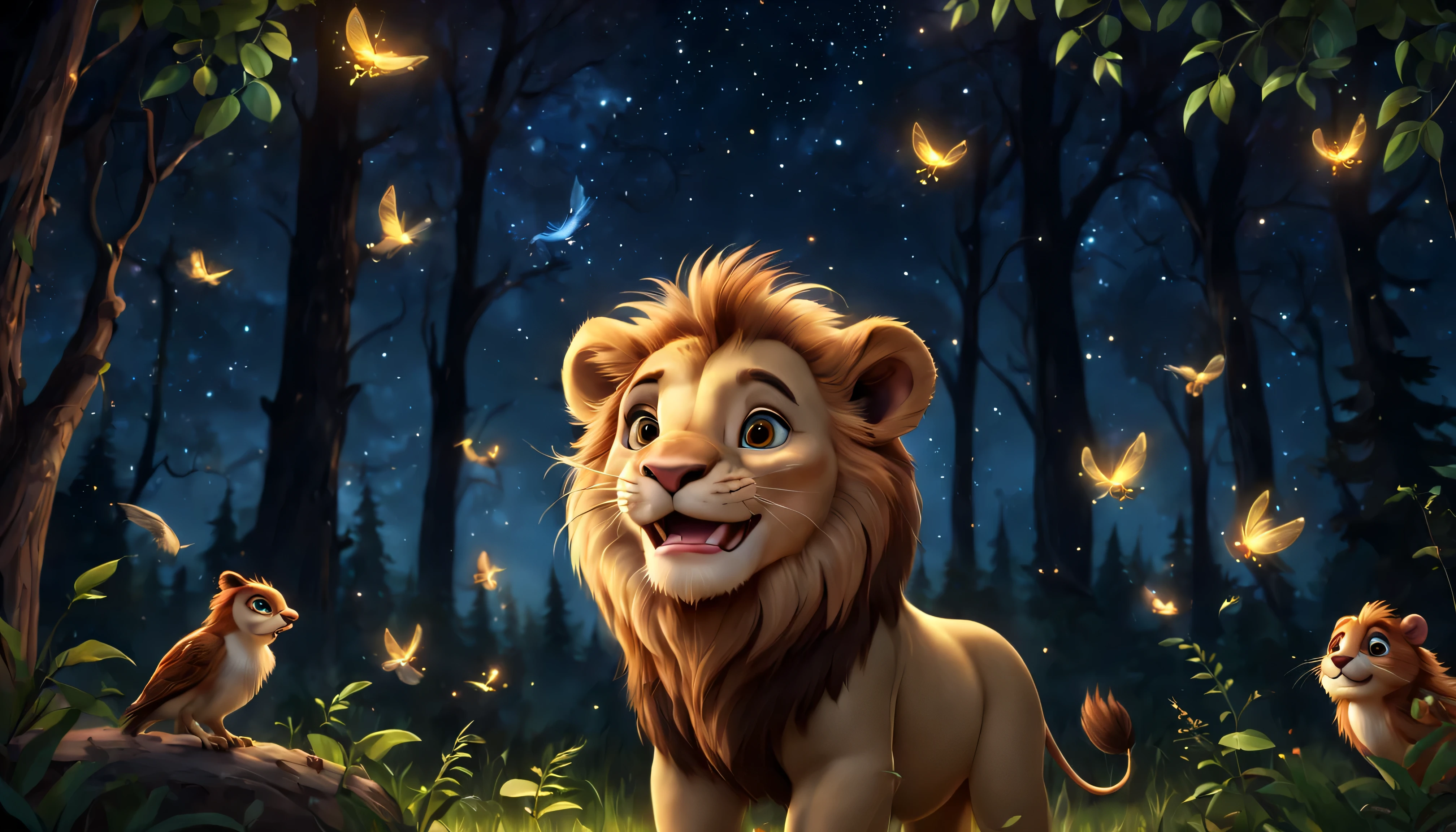 little smiling lion, at a party with birds and forest animals, Em uma noite estrelada, com vaga-lumes ao redor da floresta, disneypixar, muito realista, estilo de desenho animado, 4k